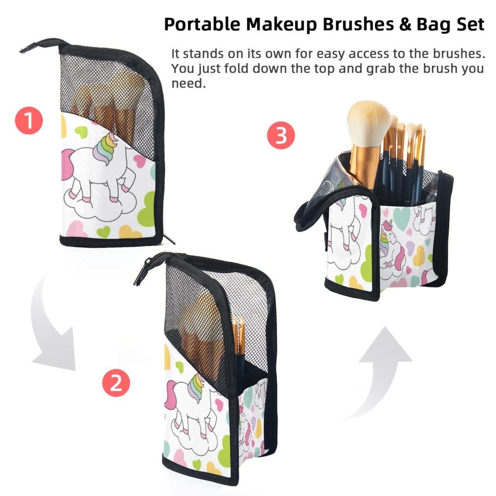 Rainbow Unicorn Makeup Brush Organizer Bag with 12 Slots - Portable Heart-Shaped Cosmetic Brush Holder Case for Travel & Home Vanity Organization