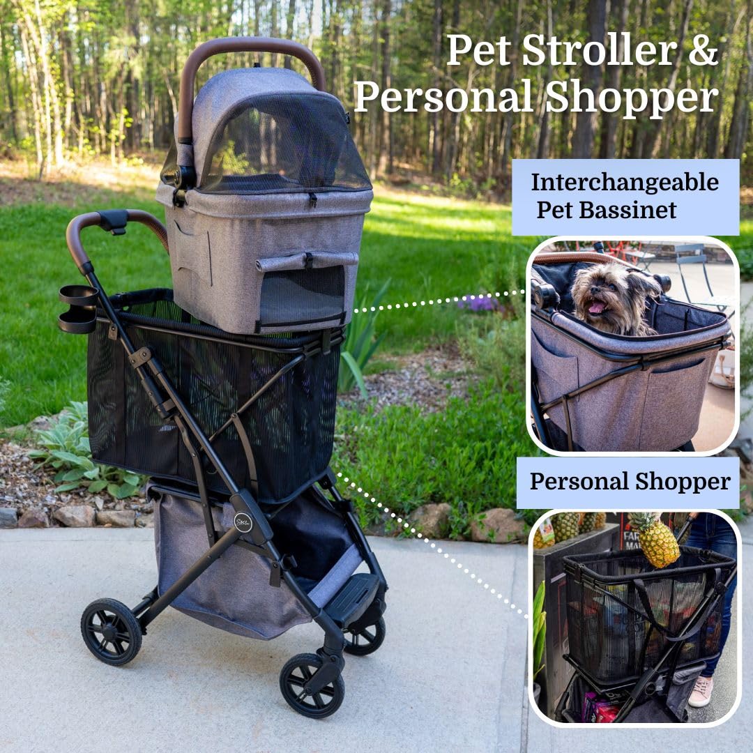 Premium Pet Stroller & Folding Shopping Cart with Lightweight Aluminum Frame - Removable Bassinet, Shopping Bag & Storage for Small to Medium Dogs & Cats (Shadow) - Perfect for Outdoor Walks, Shopping Trips & Vet Visits