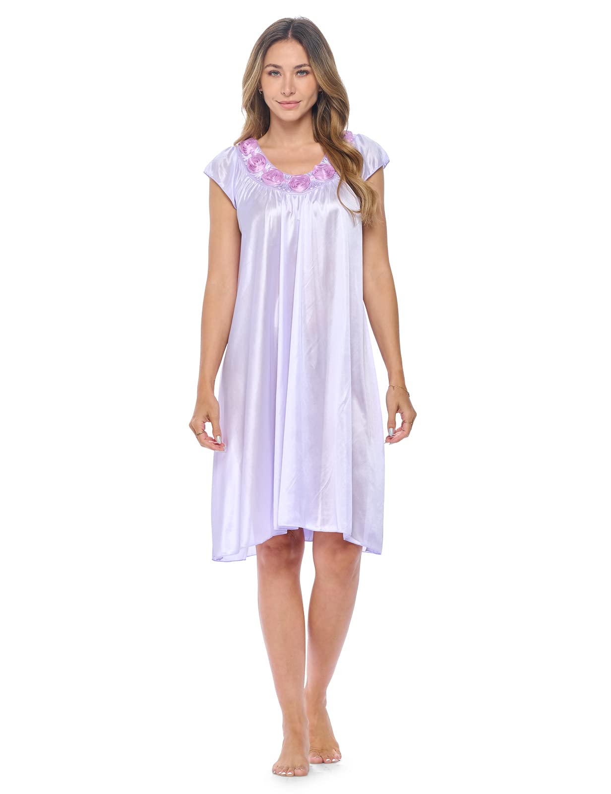 Women's Cap Sleeve Rose Satin Nightgown - Soft & Comfortable Sleepwear for Casual Nights, Date Nights & Relaxing at Home