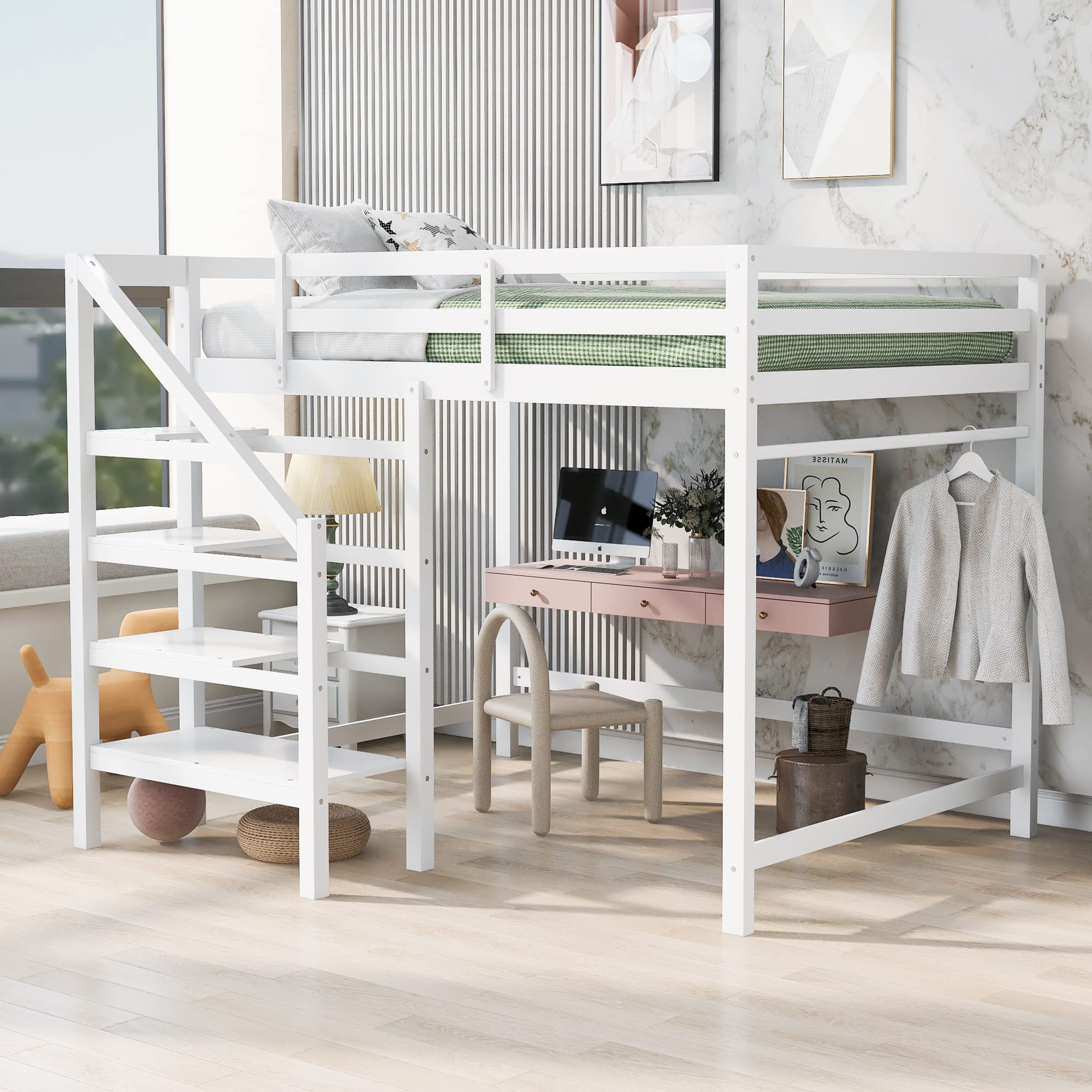 RUNWON Full Size Loft Bed with Built-in Storage Staircase & Clothes Hanger - Sturdy Safety Guardrails for Kids & Adults - Space-Saving Bedroom Solution for Small Rooms, Dorms & Apartments