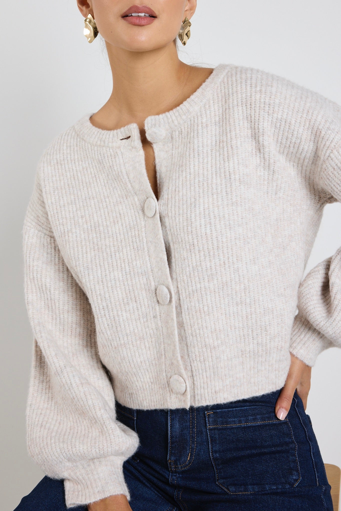 Authentic Oat Marle Chunky Knit Crewneck Cardigan Sweater - Cozy Winter Wear for Women | Perfect for Casual Outfits, Office & Date Nights