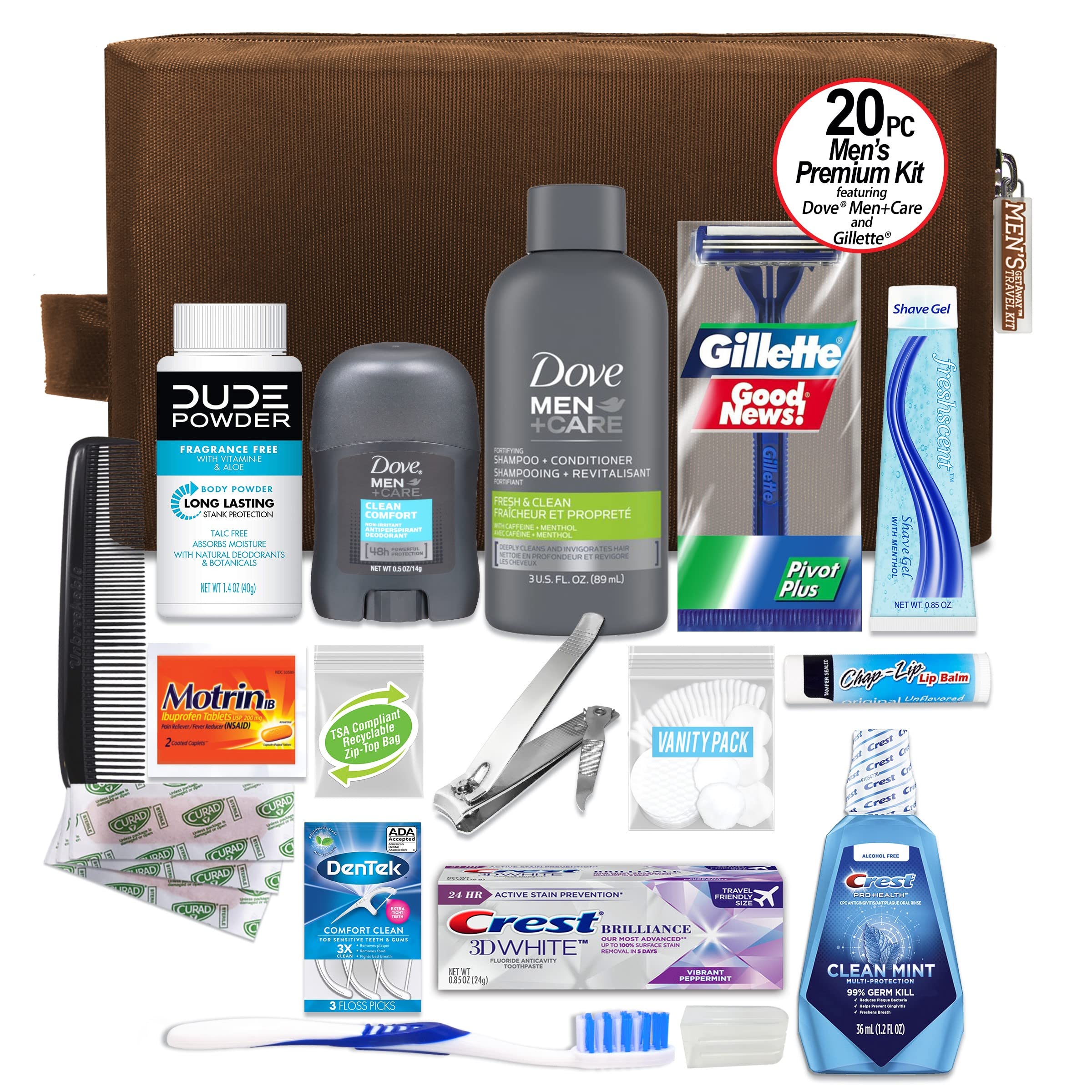 Premium 20-Piece Men's Travel Kit with TSA Compliant Essentials | Dove Men+Care Products in Brown Dopp Bag | Perfect for Business Trips, Gym & Vacation