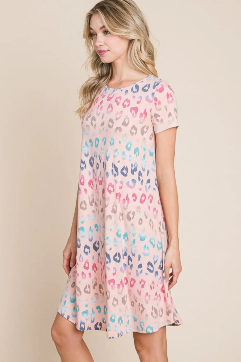 BOMBOM Women's Leopard Print Round Neck Short Sleeve Summer Dress - Perfect for Beach Vacation, Party & Casual Wear