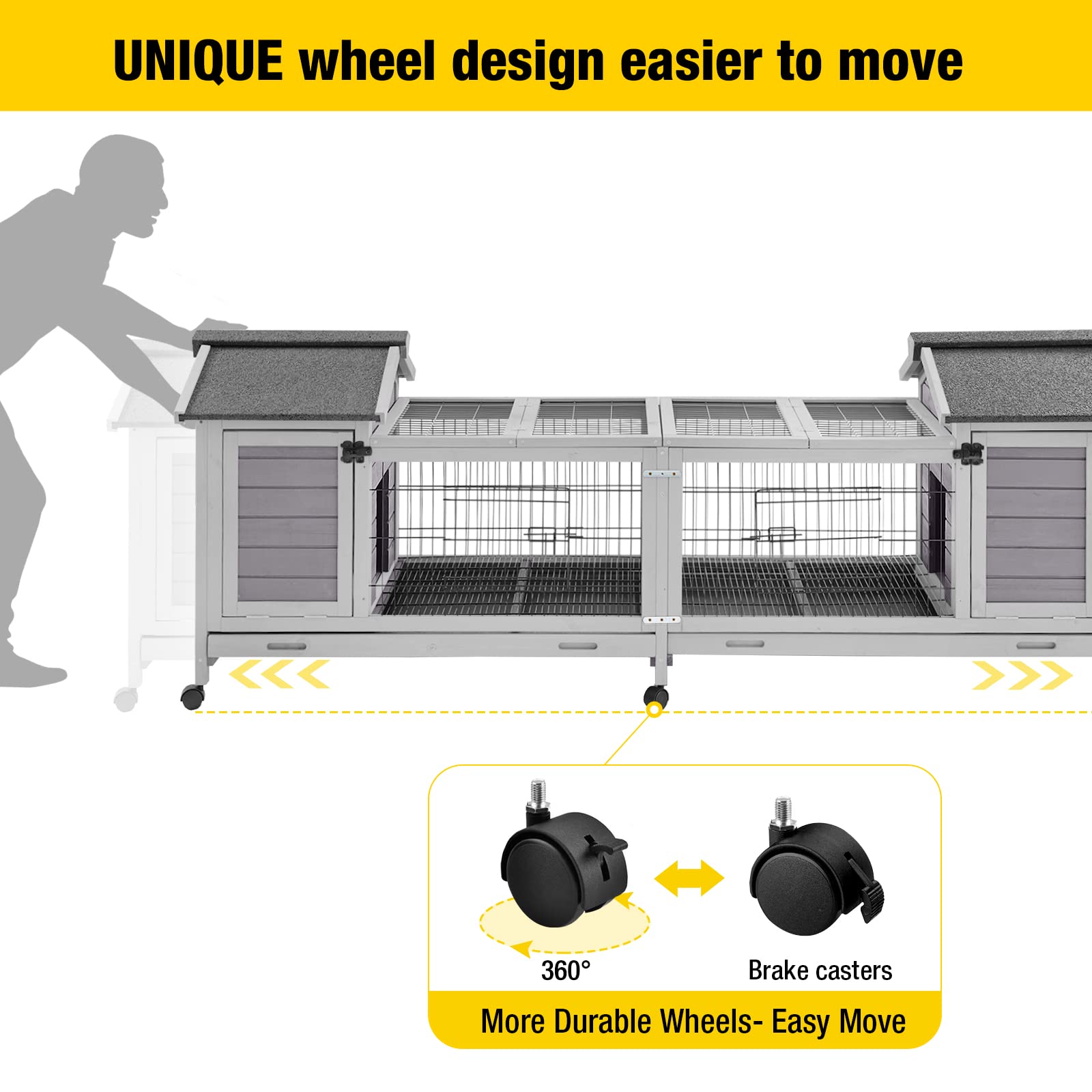 Aivituvin Rabbit Hutch Bunny Cage - Double House & Run Indoor/Outdoor Guinea Pig Cage with Deep No-Leak Trays & Wheels | Perfect for Small Pets Like Rabbits, Guinea Pigs & Hamsters | Great for Backyard, Patio or Indoor Use