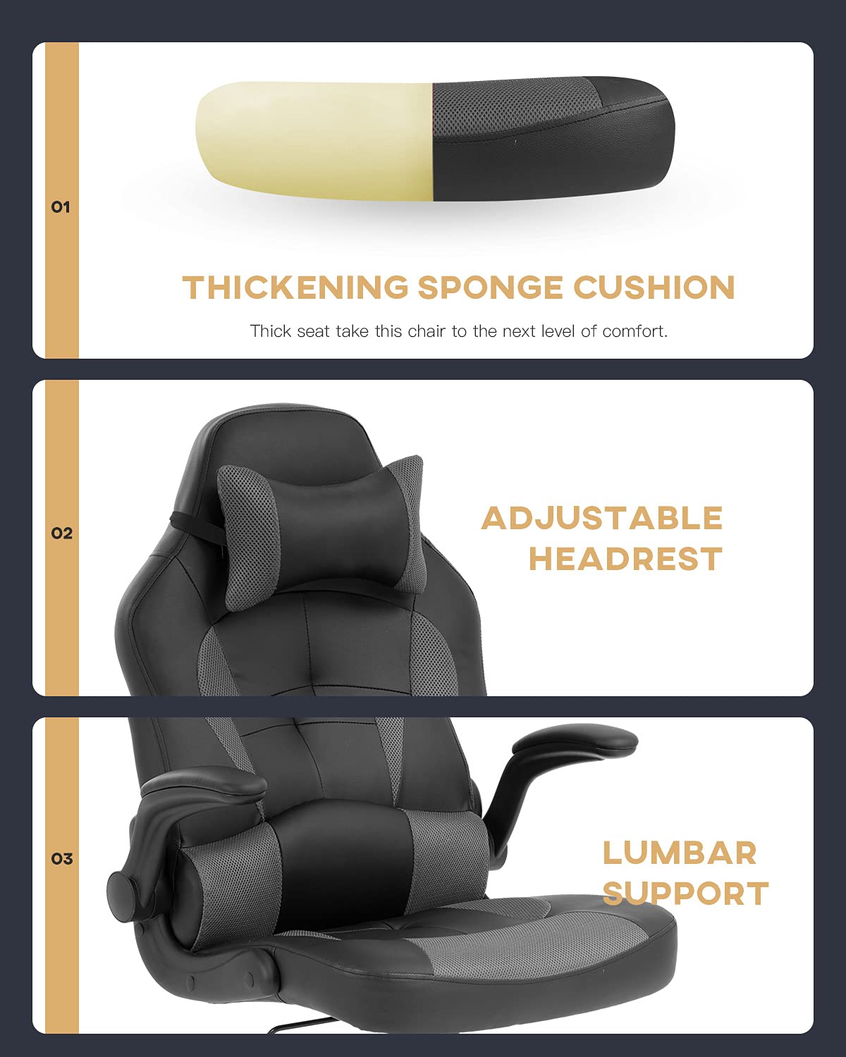 Ergonomic Gaming Chair - High Back PU Leather Office Chair with Adjustable Armrests, Headrest & Lumbar Support - Comfortable Computer Desk Chair for PC Gamers & Home Office Workers (Grey) - Perfect for Long Gaming Sessions, Remote Work & Streaming Setup