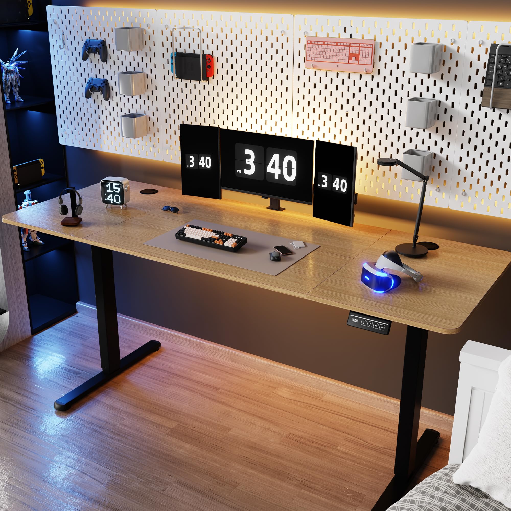 Shintenchi Electric Height Adjustable Standing Desk - 63 x 24 Inches Sit Stand Workstation with Splice Board, Ergonomic Home Office Desk (Black Frame & Walnut Top) for Work, Study, and Gaming