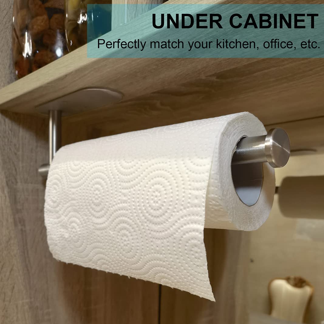 Stainless Steel Under Cabinet Paper Towel Holder 2 Pack - Wall Mount Kitchen & Bathroom Paper Towel Rack with Self Adhesive & Screws for Home, RV, Office (Silver) - Space Saving & Easy Access for Countertops