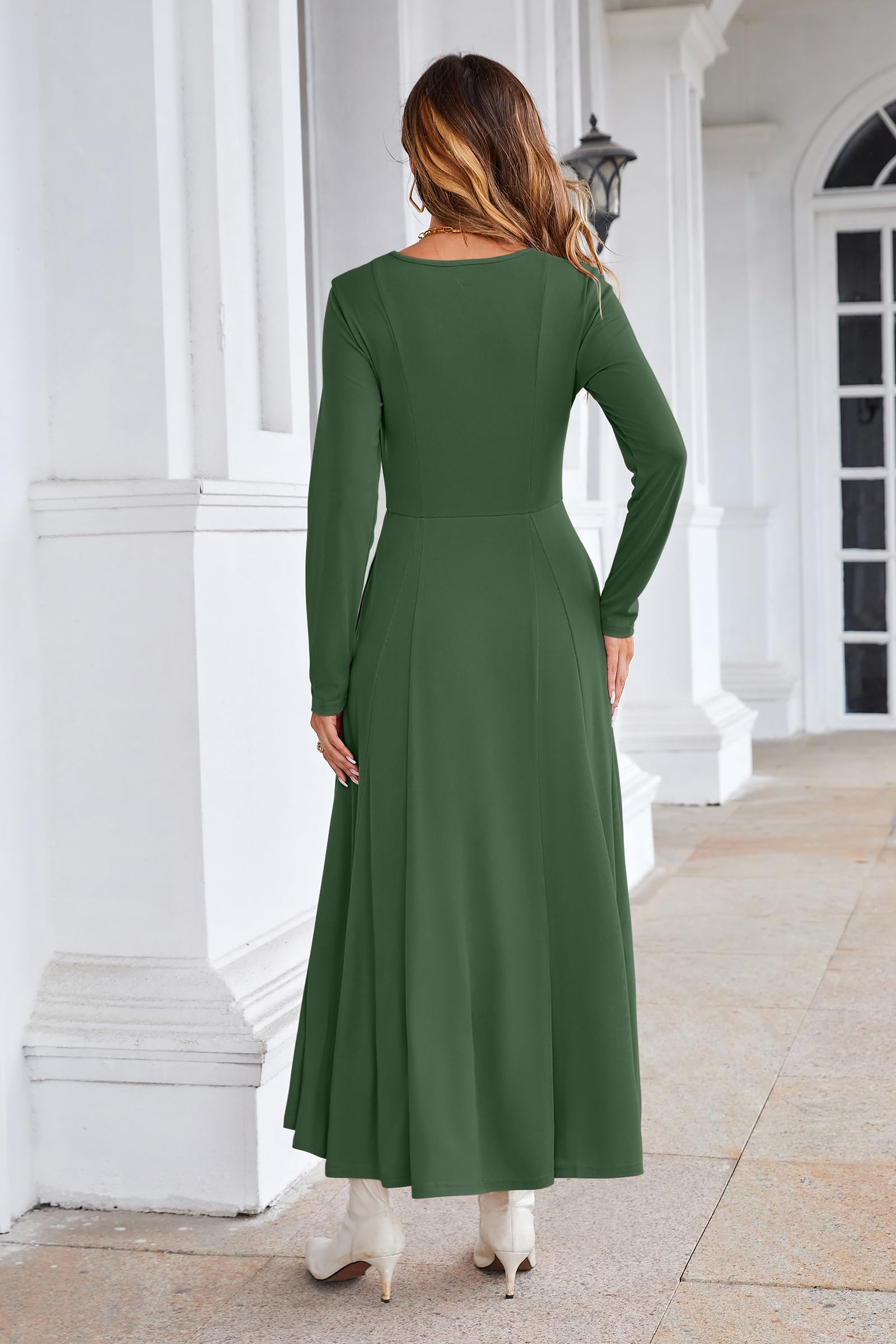 OUGES Women's Maternity Maxi Dress for Photoshoot - Fall Long Sleeve Button Down Square Neck Pregnancy Dress for Baby Shower, Maternity Photos & Special Occasions 2024