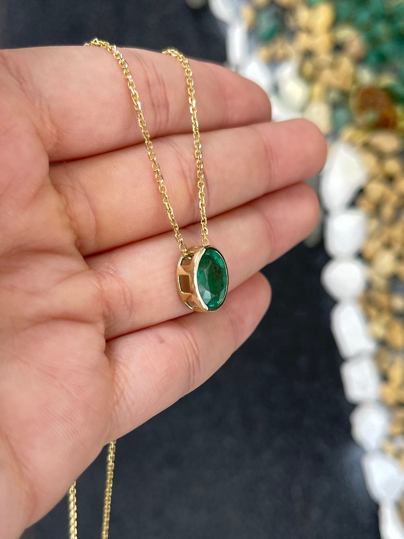 3.60ct 14K White or Yellow Gold Natural Oval Emerald Solitaire Bezel Slider Necklace for Women - Elegant Jewelry Gift for Anniversary, Birthday & Special Occasions