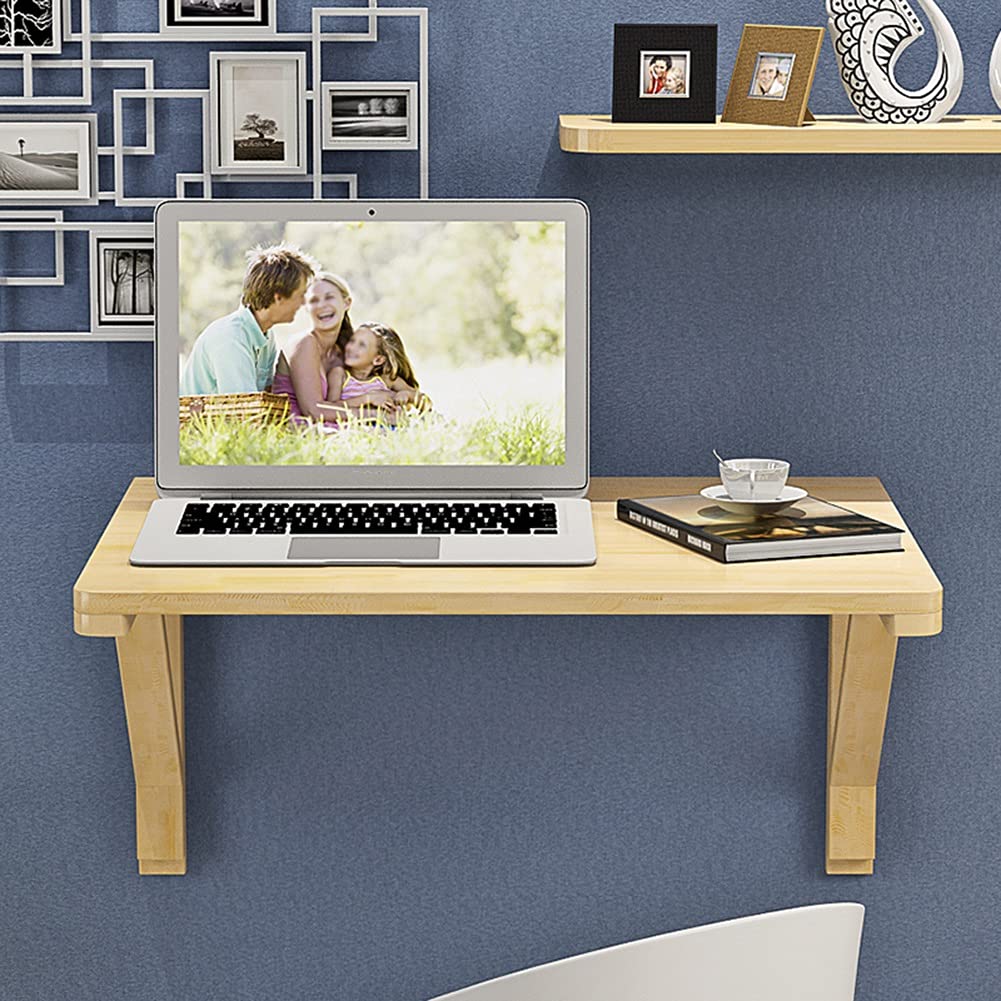 Foldable Wall Mounted Table - Natural Pine Wood Dining & Computer Desk with Triangular Bracket for Small Spaces | Perfect for Kitchen, Home Office, Laundry Room & Bar Use