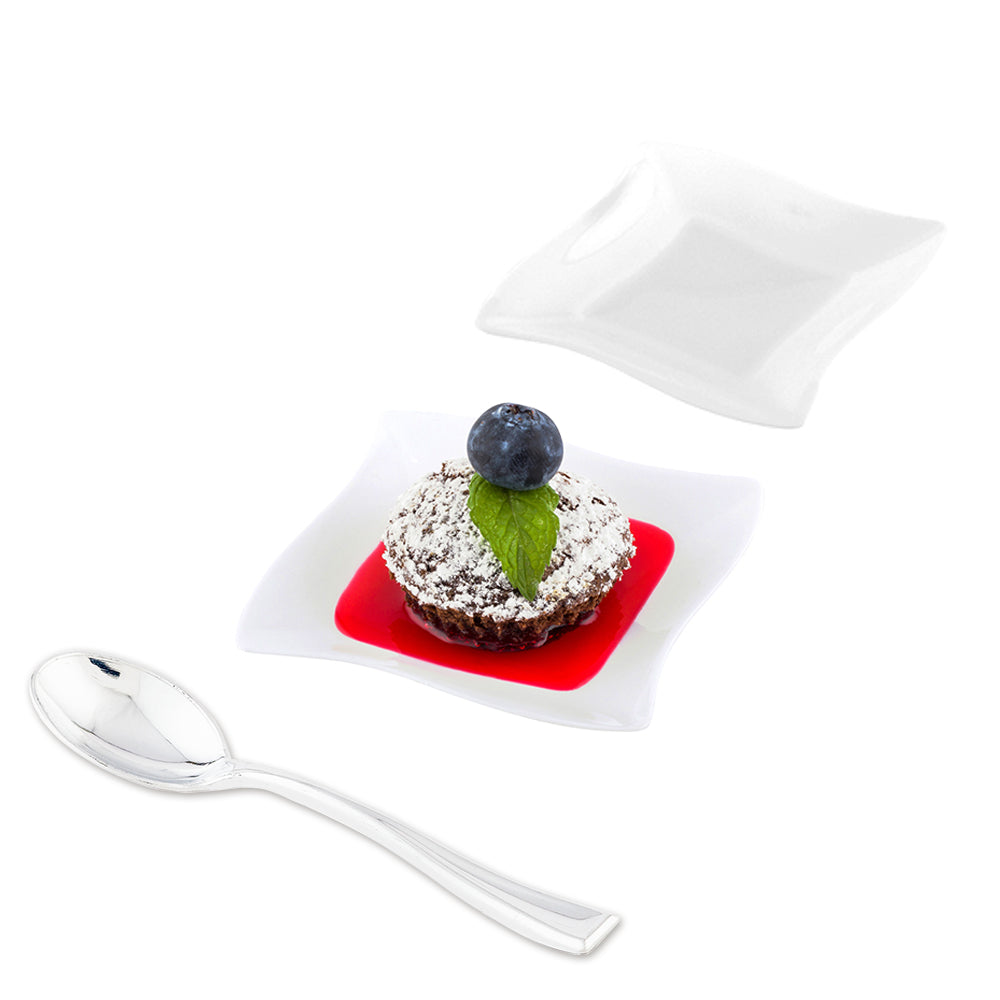 100-Pack White Square Plastic Aqua Plates & 100-Pack Silver Mini Plastic Spoons for Parties, Picnics, and Catering Events