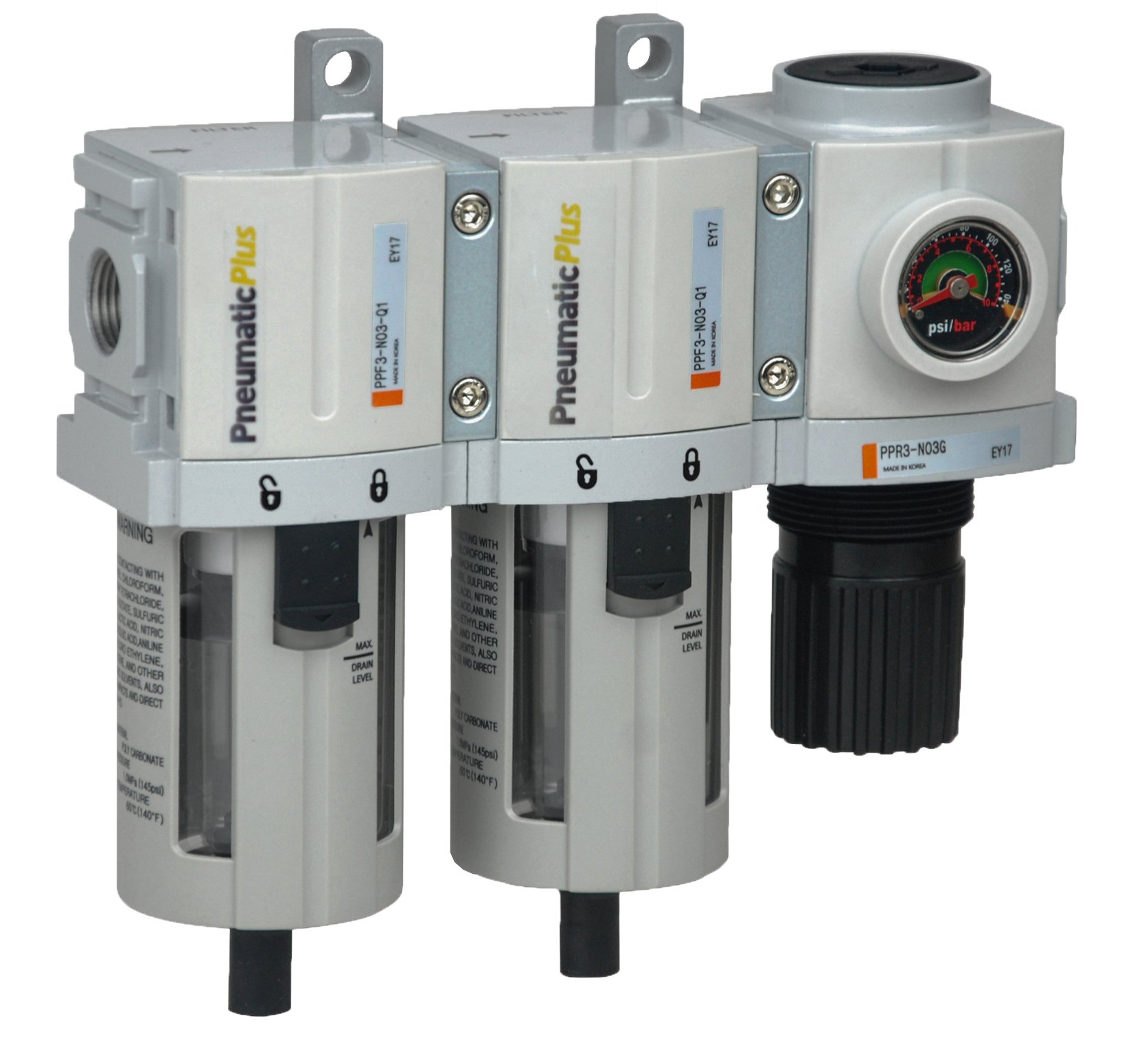 PneumaticPlus PPC3C-N02G 3-Stage Compressed Air Drying System with Particulate Filter, Coalescing Filter & Pressure Regulator - 1/4