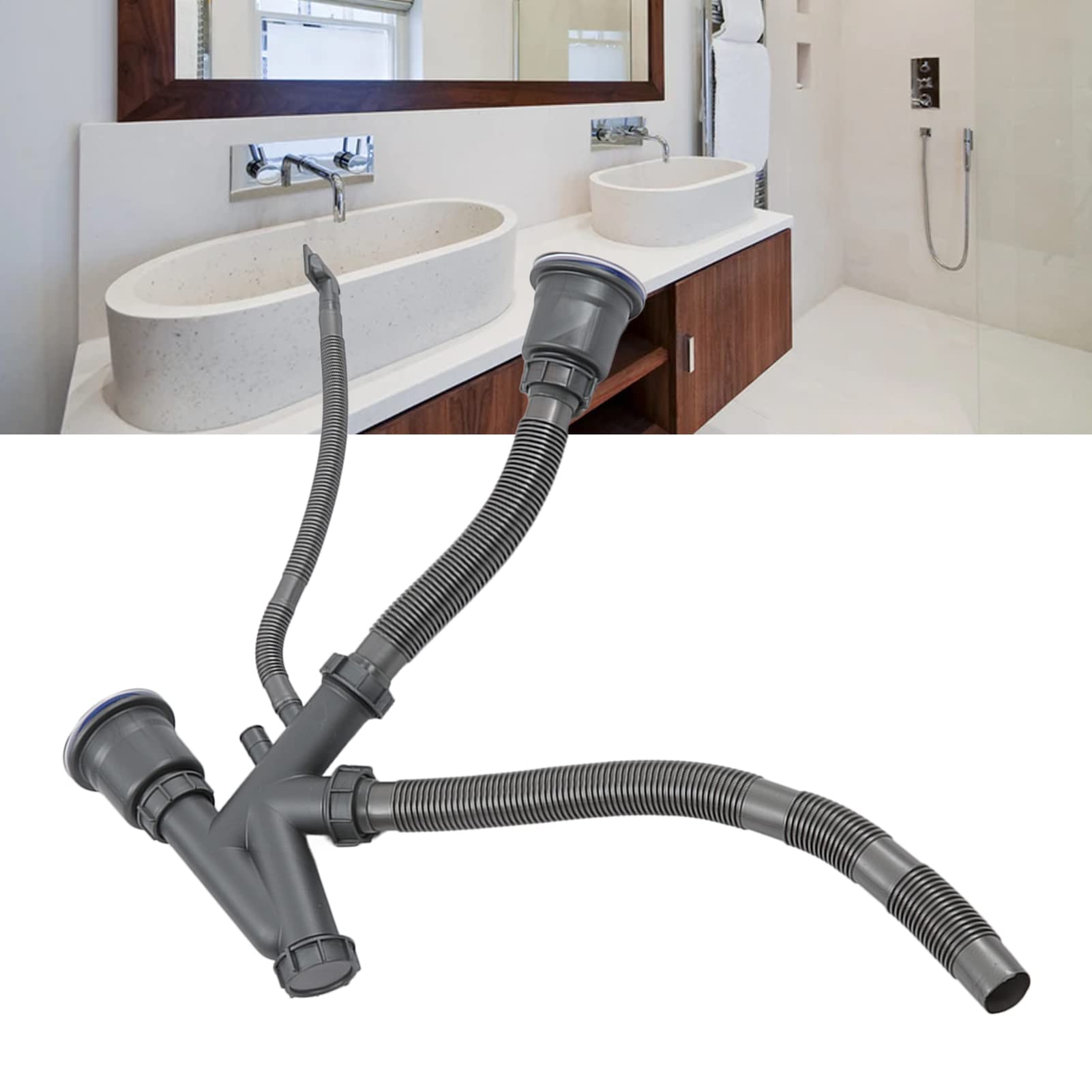 Septpenta 110mm/4.3in Double Kitchen Sink Drain with 50mm/2in Basin - Flexible, Extendable, Fast Draining, Clog-Resistant for Kitchen Sinks & Garbage Disposals | Perfect for Busy Kitchens & Food Prep Areas