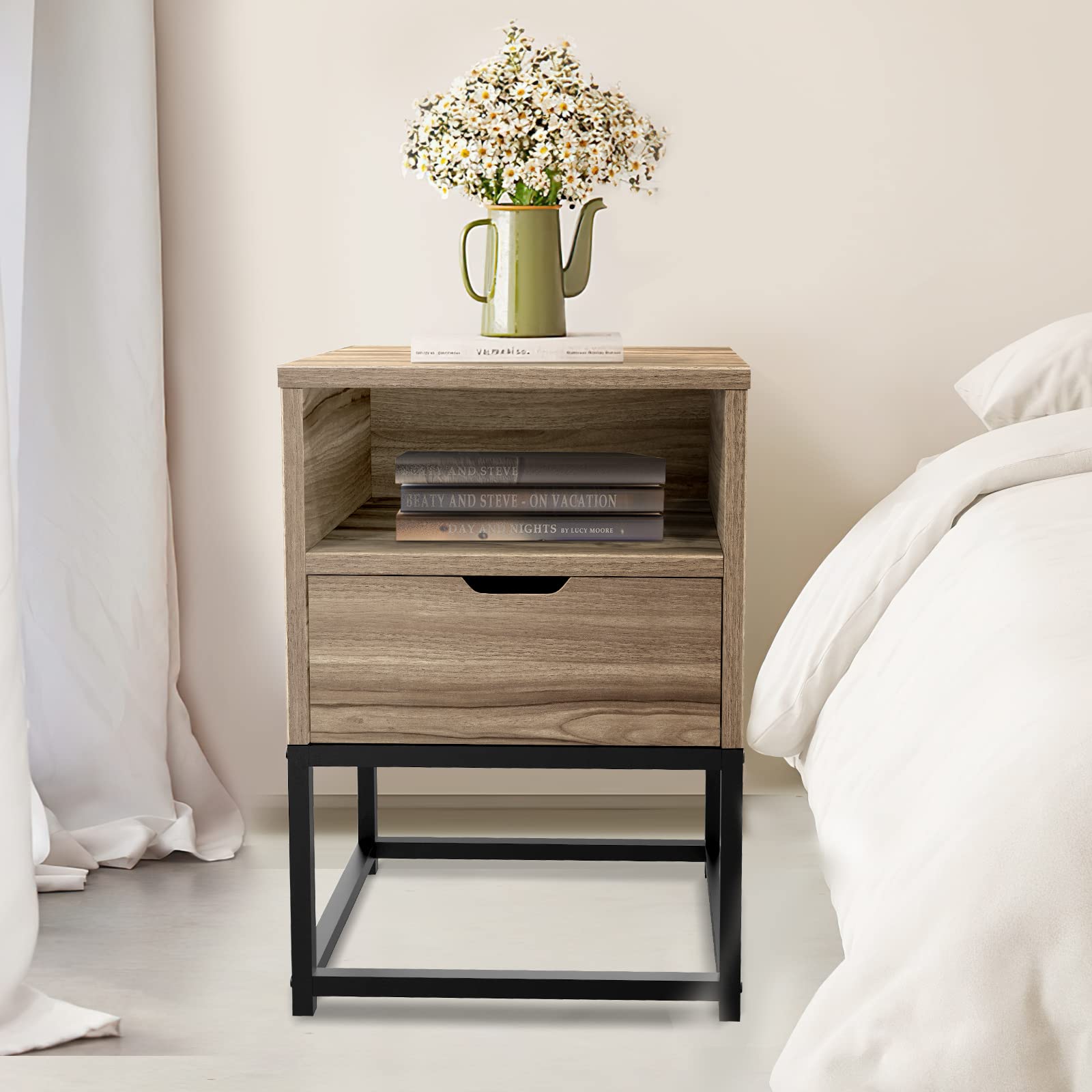 Modern Nightstand Set of 2 with Drawer & Shelf - Walnut Brown Bedside Tables for Bedroom, Living Room, Office - Easy Assembly - Perfect for Storing Books, Lamps & Bedroom Essentials