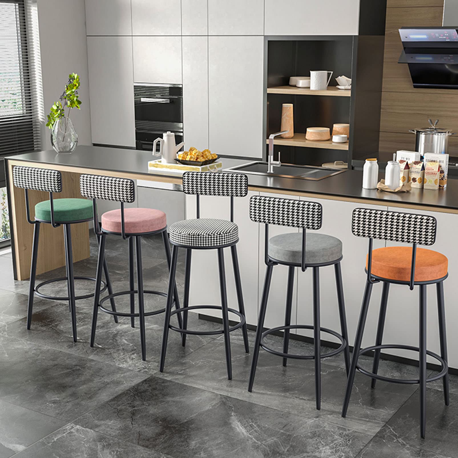 Industrial Bar Stools with Footrest - Upholstered Kitchen Counter Stools for Living Room, Dining Room & Party Room - Heavy Duty Barstool Chairs for Home, Restaurant & Commercial Use