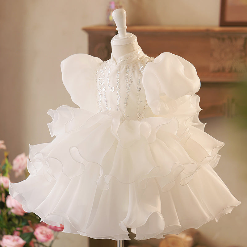Elegant White Organza Princess Dress with Ruffles, Sequins & Puff Sleeves - Perfect for Birthday Parties, Weddings & Special Occasions