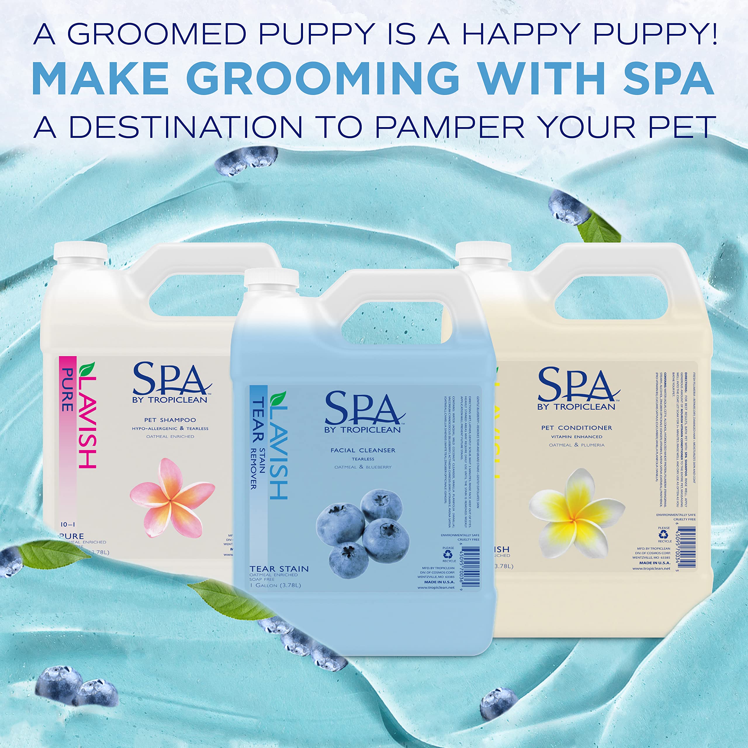 TropiClean SPA Tear Stain Remover for Dogs - Blueberry Facial Shampoo & Odor Eliminator | Gentle Tearless Formula for Whitening & Brightening | Made in USA | 2.5 Gallon | Perfect for Grooming & Daily Dog Care