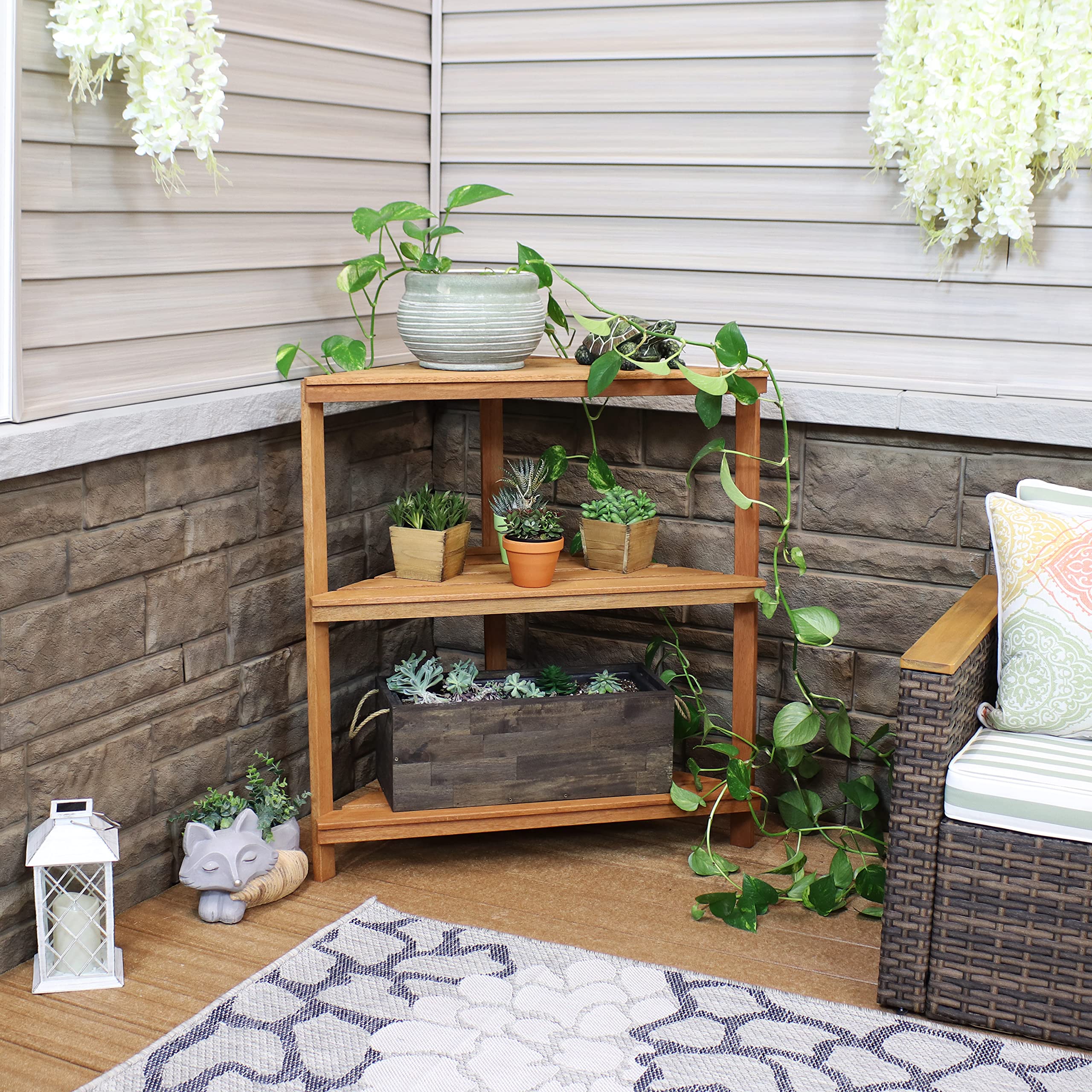 Premium Sunnydaze Meranti Wood 3-Tier Corner Plant Stand with Teak Oil Finish - Indoor/Outdoor Wooden Shelves for Potted Plants - 36-Inch Tall Planter Display for Patio, Garden, Living Room & Balcony Decor