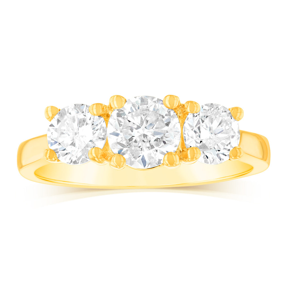 14K Yellow Gold 1.5 Carat Diamond Trilogy Ring with 3 Round Brilliant Cut Diamonds - Engagement, Wedding, Anniversary Jewelry Gift for Her