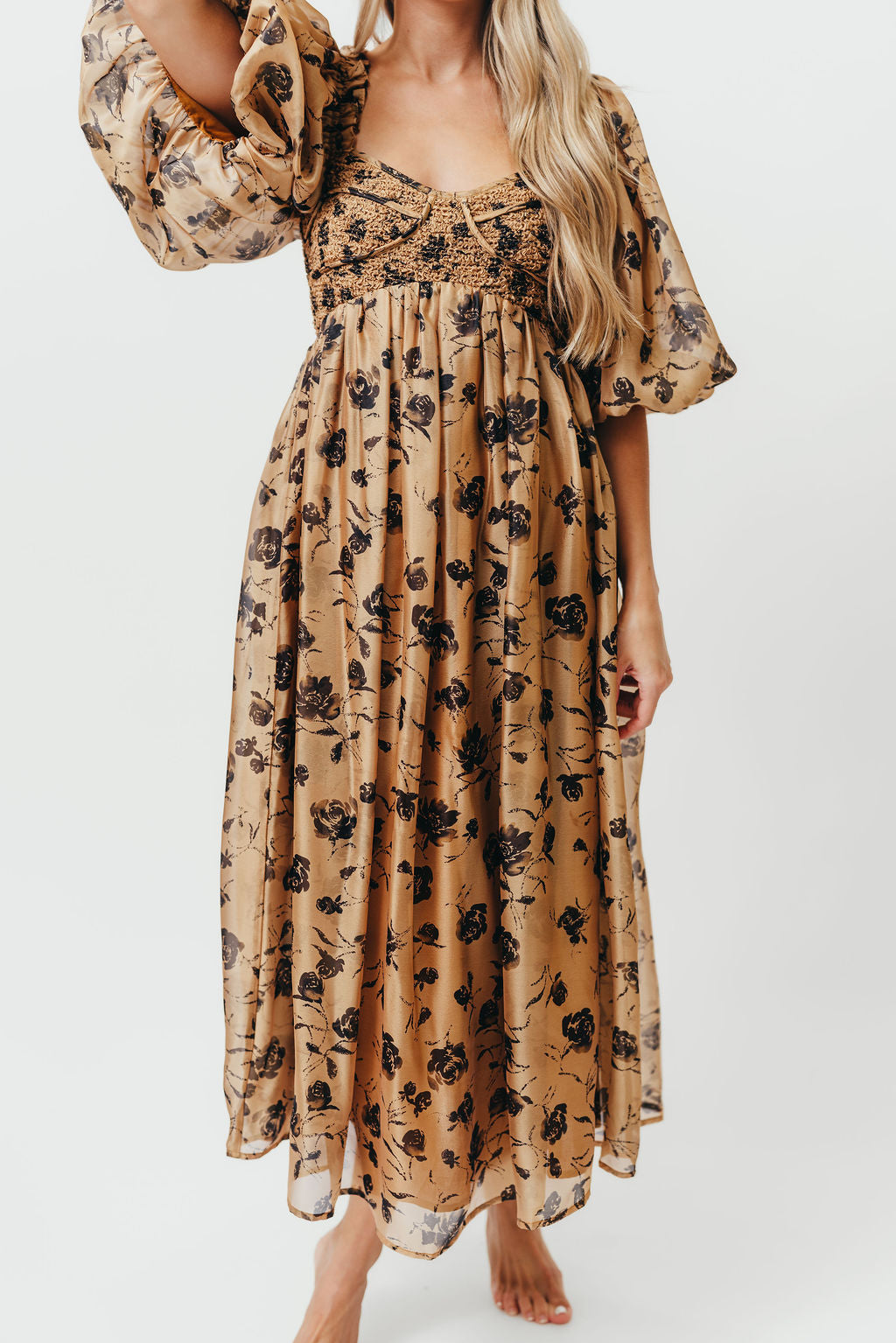 Harlow Camel & Black Floral Maxi Dress with Stretchy Neckline - Bump Friendly Maternity Dress for Women | Perfect for Pregnancy, Special Occasions & Everyday Wear (Restocking Early Fall)