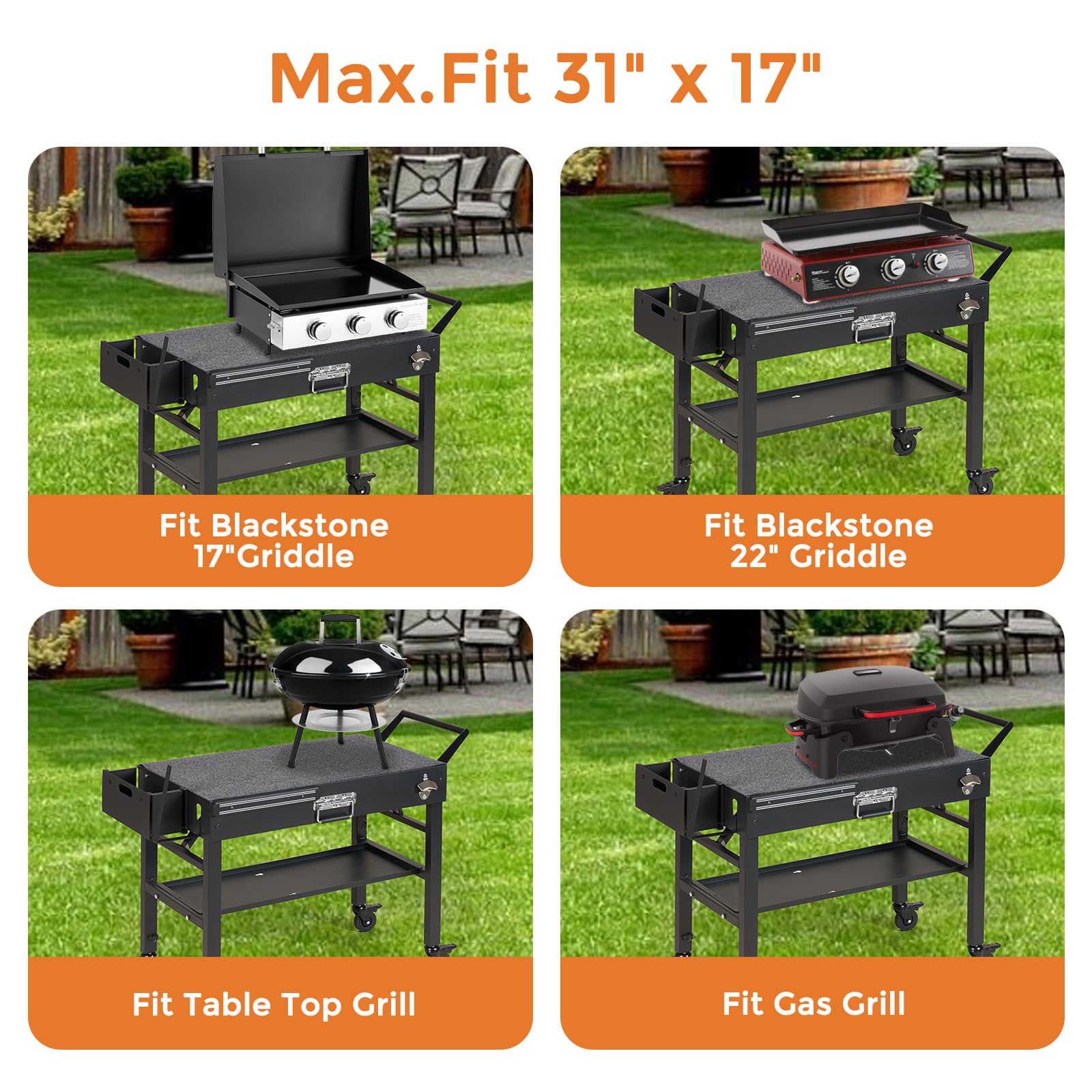 Portable Outdoor Grill Cart with Wheels - Folding BBQ Table for Blackstone Griddle 17