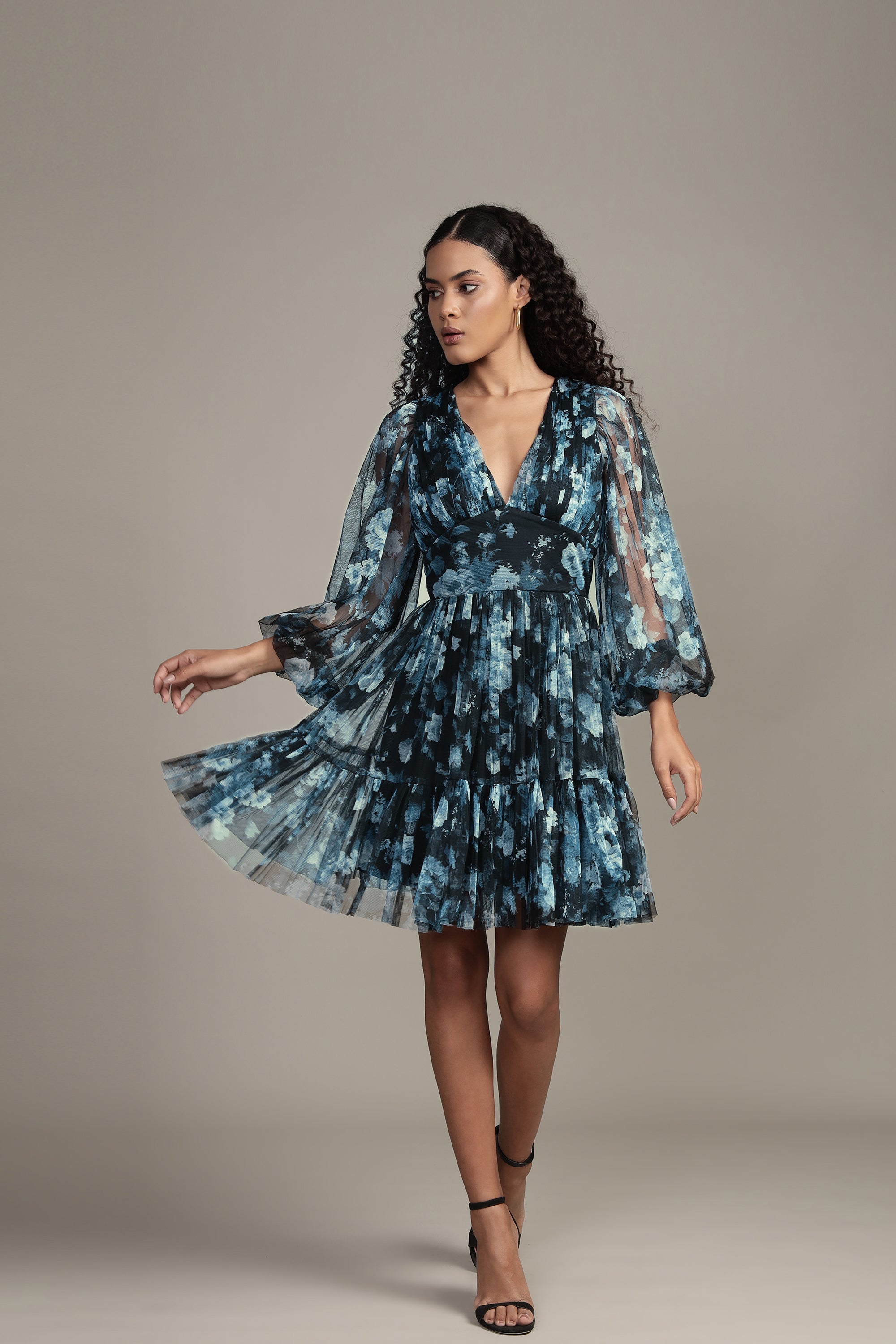 Rome Blue Floral Tulle Mini Dress - Elegant Party Dress for Women, Summer Wedding Guest Dress, Boho Chic Cocktail Dress, Perfect for Date Night & Special Occasions