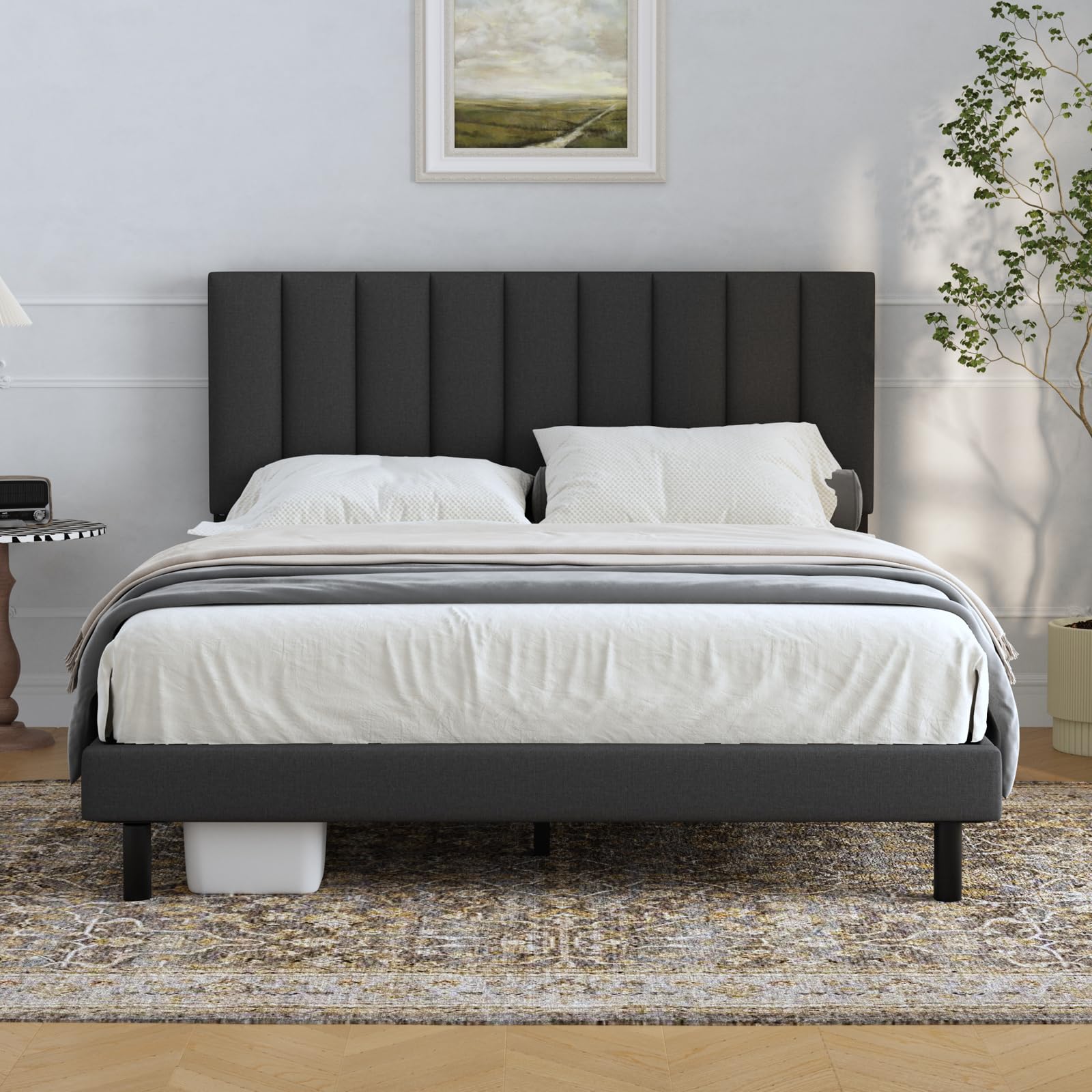 Lukace Queen Bed Frame with Upholstered Headboard - Sturdy Wood Platform Bed, No Box Spring Needed, Easy Assembly, Non-Slip & Noise-Free - Perfect for Modern Bedrooms, Guest Rooms & Small Spaces (Queen Size, Gray)