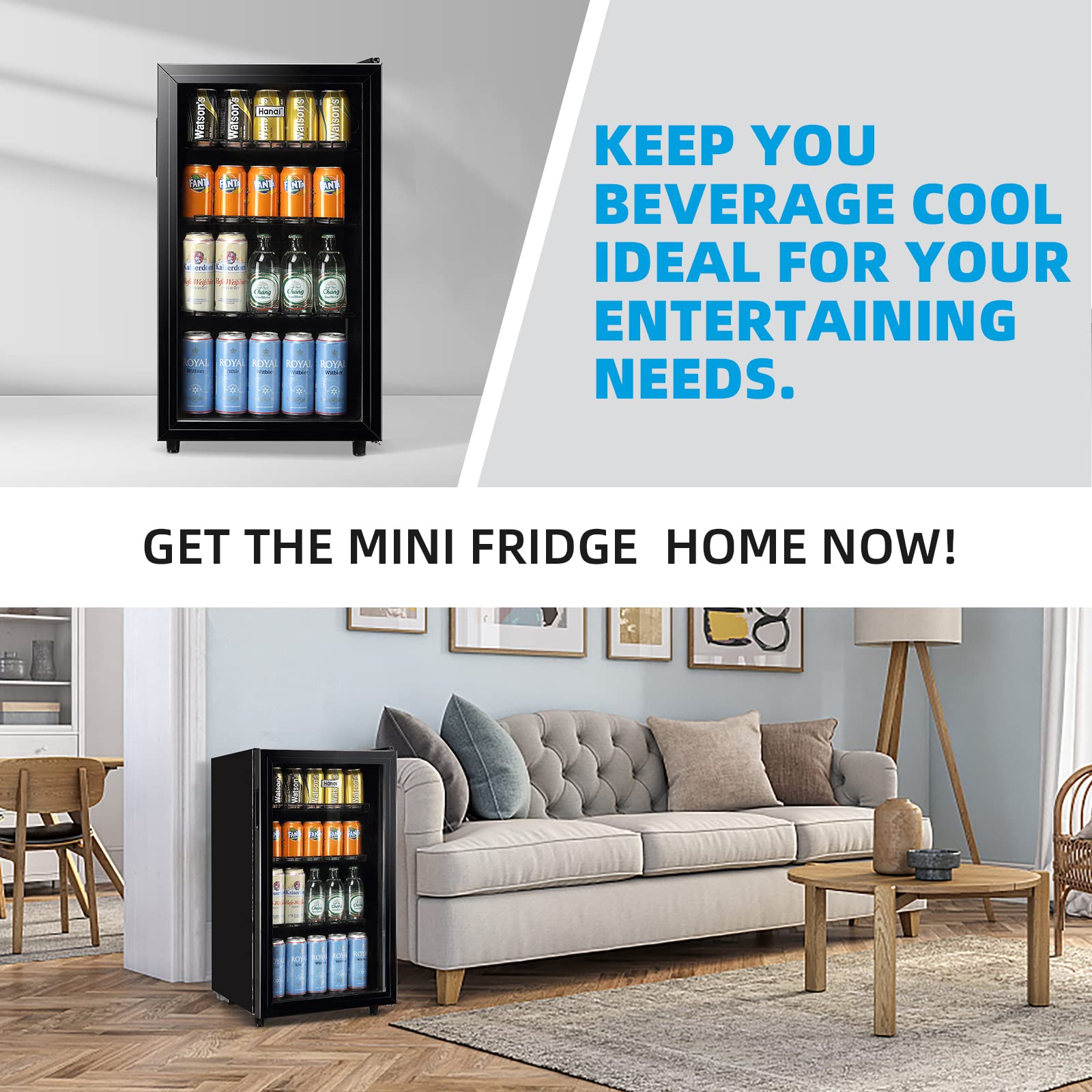 WANAI 125 Can Mini Fridge with Glass Door - Compact Beverage Cooler for Beer, Wine & Juice - Adjustable Shelves & LED Lighting - Perfect for Home, Office, Bar & Dorm Room Use