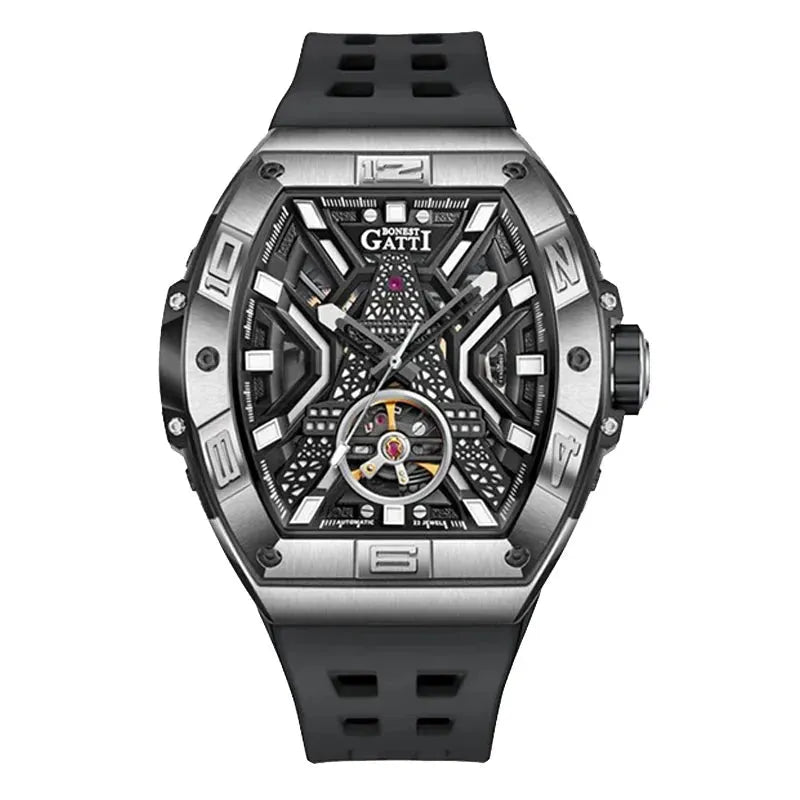 BONEST GATTI Men's Automatic Mechanical Watch - 5ATM Waterproof Sapphire Crystal Tonneau Case with Luminous Eiffel Tower Dial & Fluororubber Strap - Perfect for Business, Formal Events and Everyday Wear