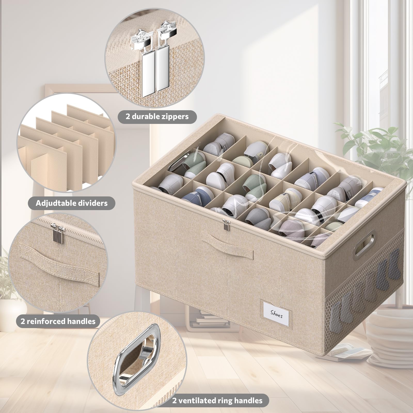 Foldable Shoe Storage Organizer for Closet - Clear View Box Holds 18 Pairs with Adjustable Dividers | Perfect for Shoes, Blankets, Linen & Clothing Storage | Space-Saving Solution for Bedroom, Entryway & Dorm Organization