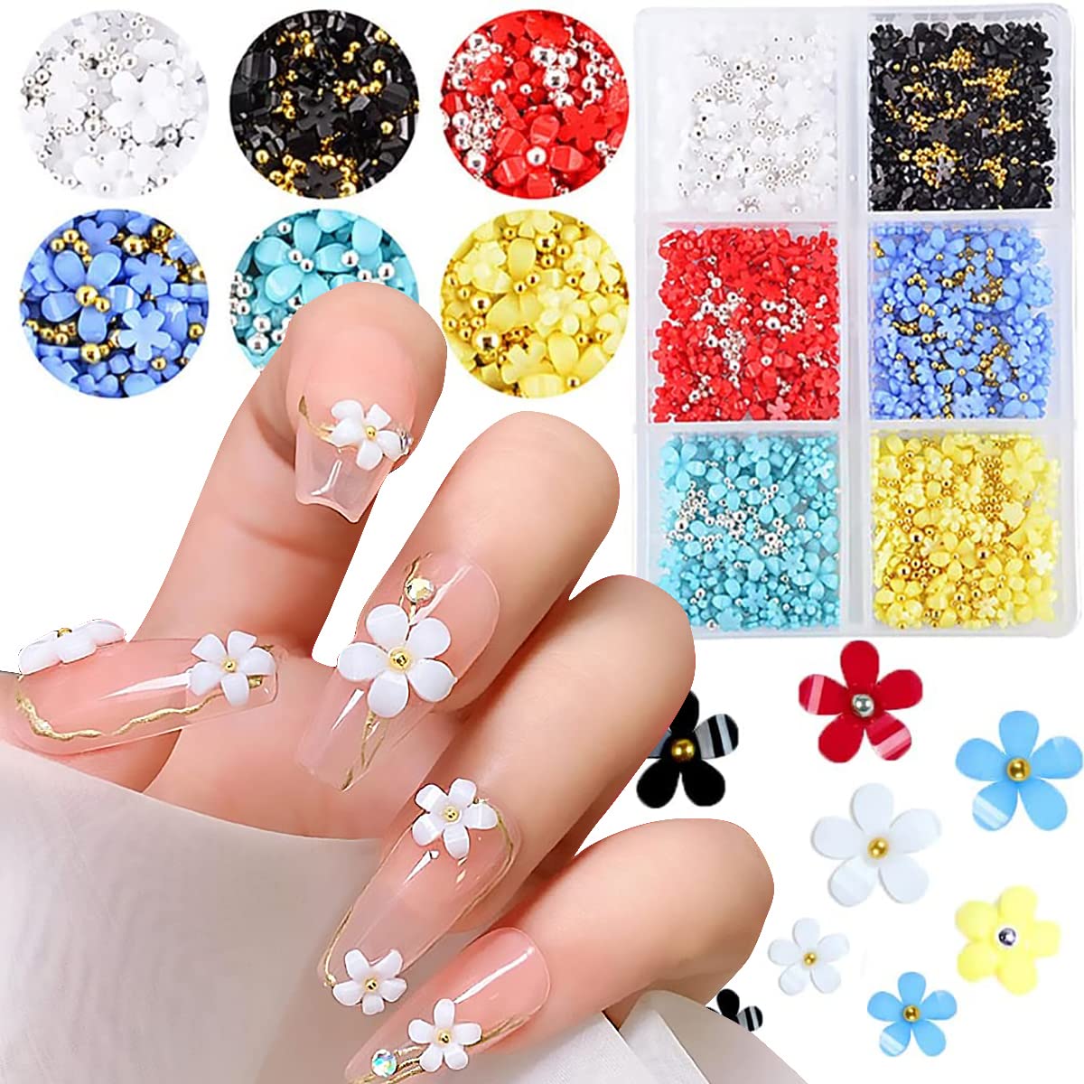 3D Flower Nail Charms & Metal Caviar Beads - Gold Silver Nail Ball Beads for DIY Nail Art, Acrylic Resin Flowers for Nail Design - Perfect for Manicures, Nail Decoration & Professional Nail Salon Use (Blue)