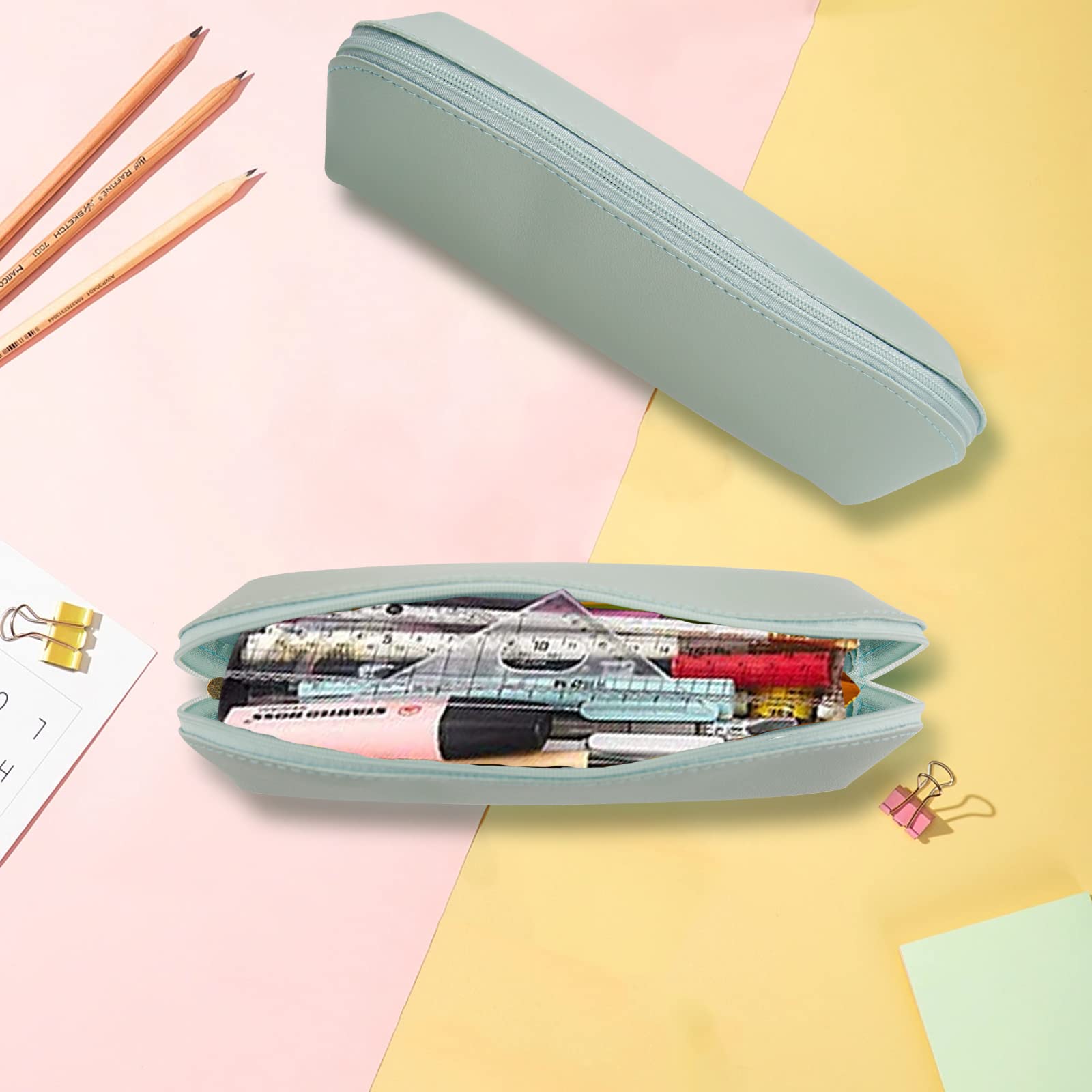 Premium Leather Zipper Pencil Case - Small Stationery Pouch for Pens, Markers, Cosmetics & Coins (Light Blue) | School, Office & Travel Organizer