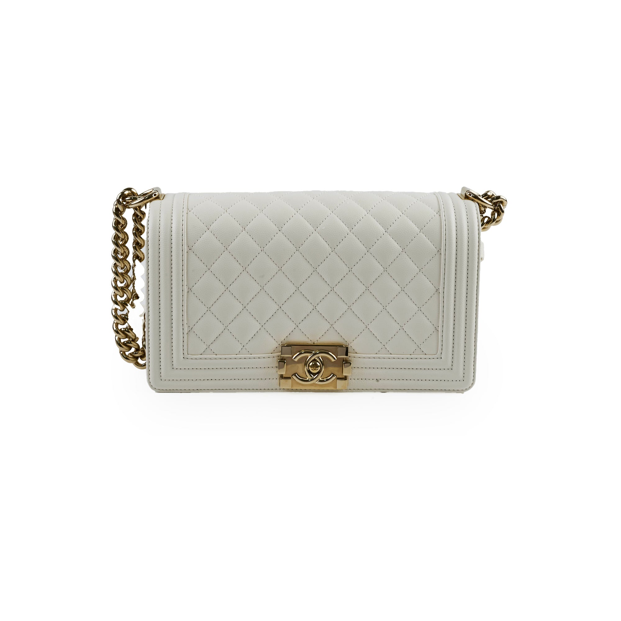 Authentic Chanel Boy Old Medium Bag in White Caviar Leather with Microchip - Perfect for Luxury Fashion, Evening Events & Designer Collections