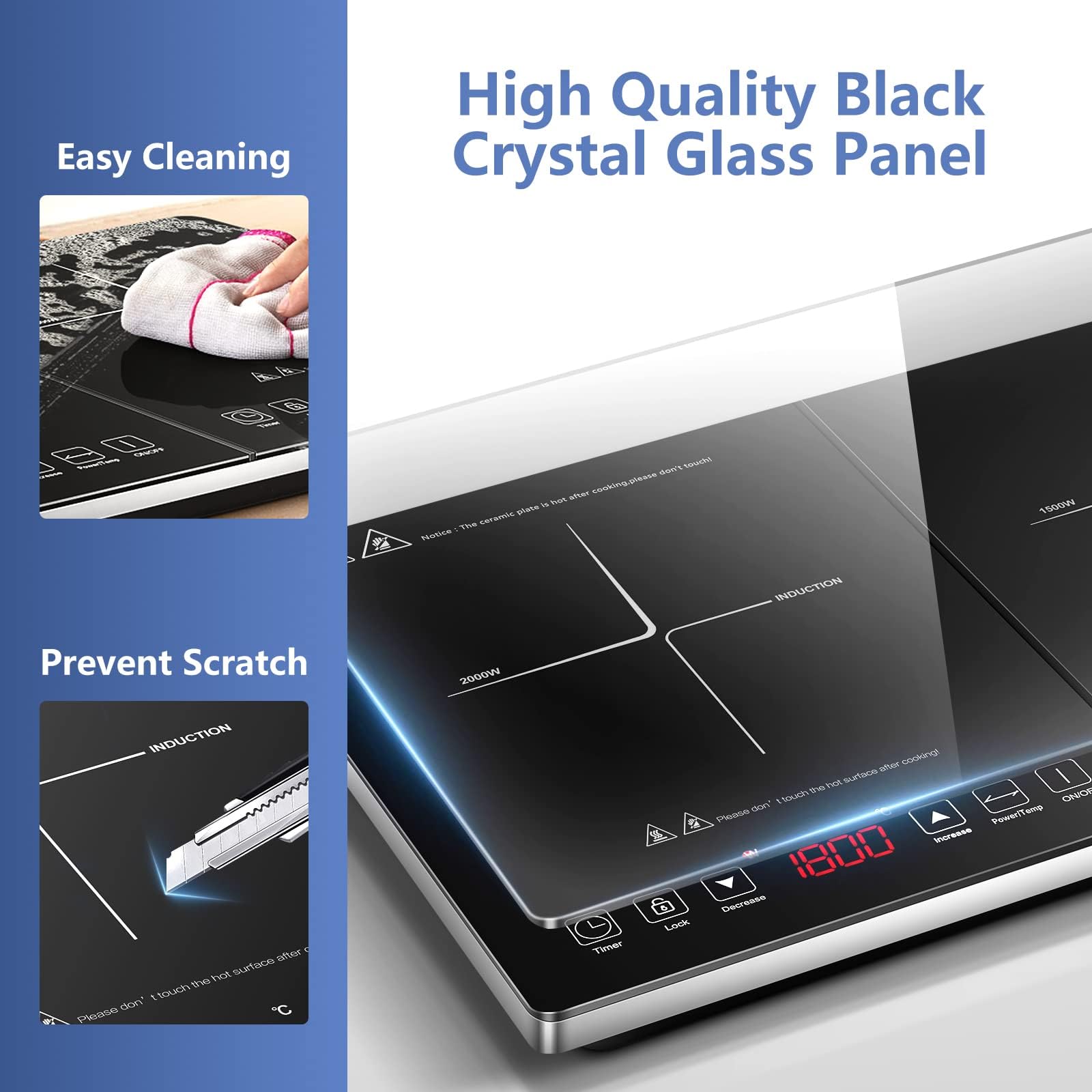 AMZCHEF Double Induction Cooktop - 2 Burner Electric Stove with 1800W Sensor Touch, 20 Temp & Power Levels, Independent Control, Low Noise, 3H Timer & Safety Lock - Perfect for Home Kitchen, Dorm Cooking & RV Use