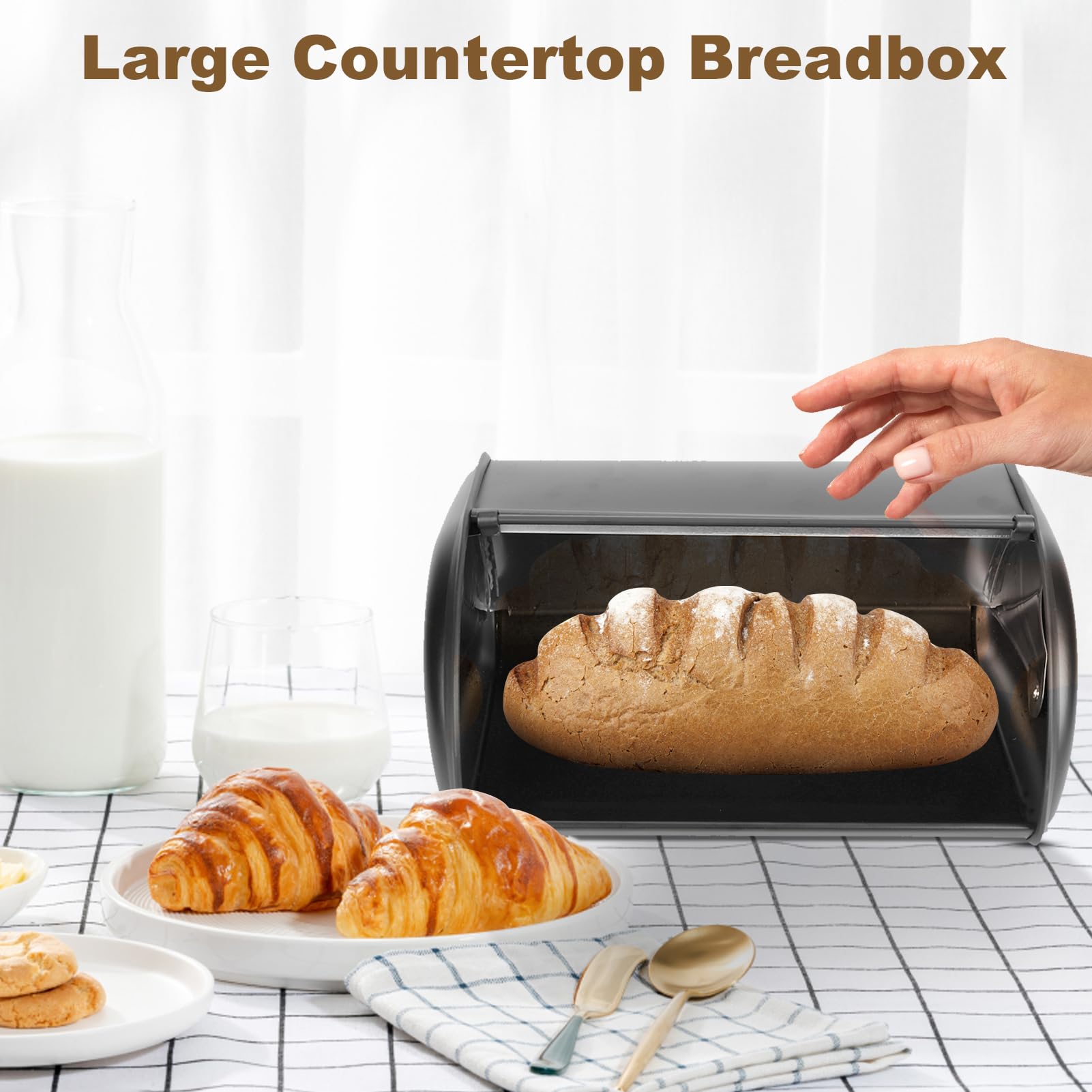 Fingerprint Proof Stainless Steel Bread Box with Roll Up Lid - 15 x 10 x 6 Inches Kitchen Counter Bread Storage Container (Black) | Perfect for Fresh Bread Storage, Countertop Organization & Modern Kitchen Decor
