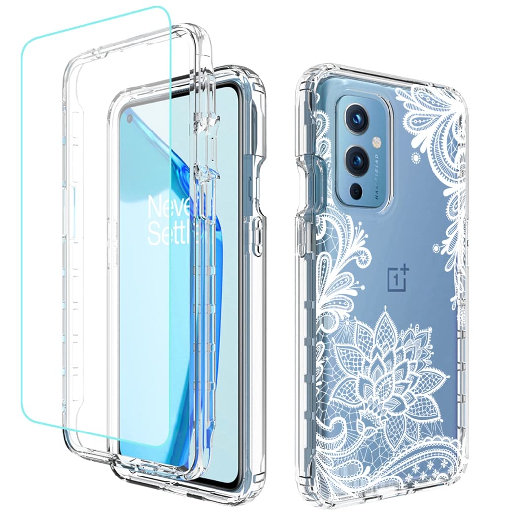 OnePlus 9 5G LE2110 Phone Case with Tempered Glass Screen Protector - Clear Mandala Design Full Body Protective Cover | Shockproof, Anti-Scratch | Perfect for Daily Use, Travel & Outdoor Activities