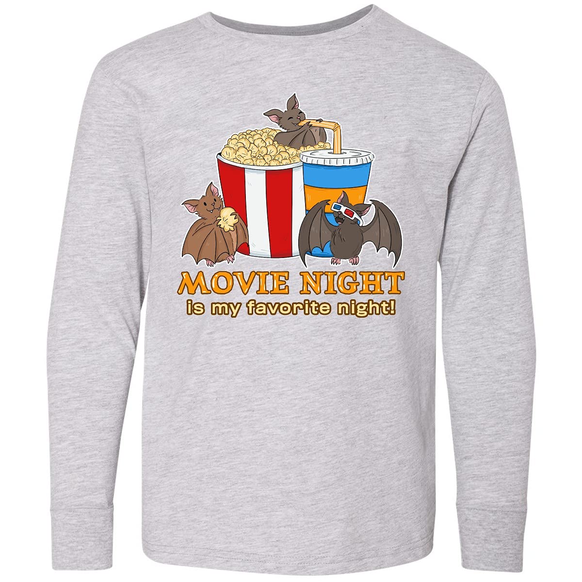 Inktastic Movie Night is My Favorite Night Bats Youth Long Sleeve T-Shirt - Perfect for Sleepovers, Halloween & Cozy Movie Nights