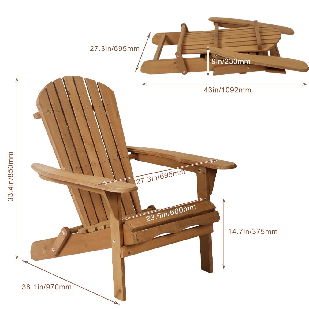 Premium Folding Wooden Adirondack Chair - Natural Finish Outdoor Patio Furniture for Garden, Lawn, Deck & Poolside Relaxation | Comfortable Lounger Accent Chair for Backyard, Beach & Camping