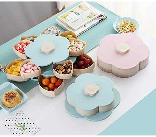 10-Compartment Rotating Petal Snack Tray - Candy Nut Serving Container, Fruit Plate & Food Storage Box - Plastic Display Tray for Parties, Baby Showers & Home Decor (Blue)
