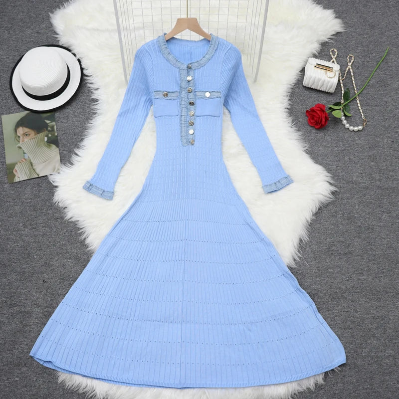 2024 Autumn Women's Patchwork Knit Dress - Black White Blue Single Breasted Elegant French Style Long Sleeve Dress for Fall Festival & Holiday Parties | Perfect for Office, Date Night & Special Occasions