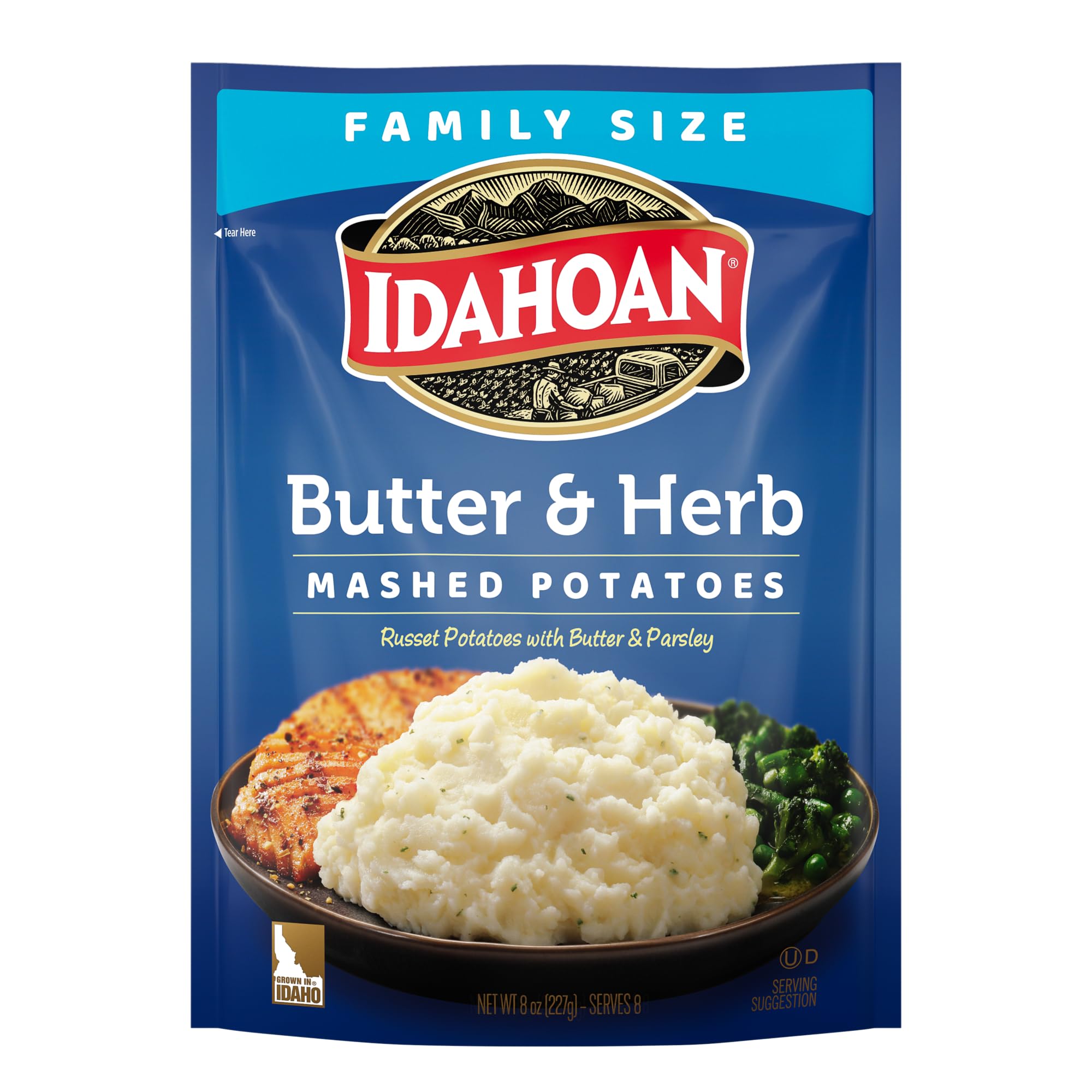 Idahoan Butter & Herb Mashed Potatoes - Family Size 8 oz (Pack of 8) | Instant Mashed Potato Mix for Quick Meals, Holiday Dinners & Camping Trips
