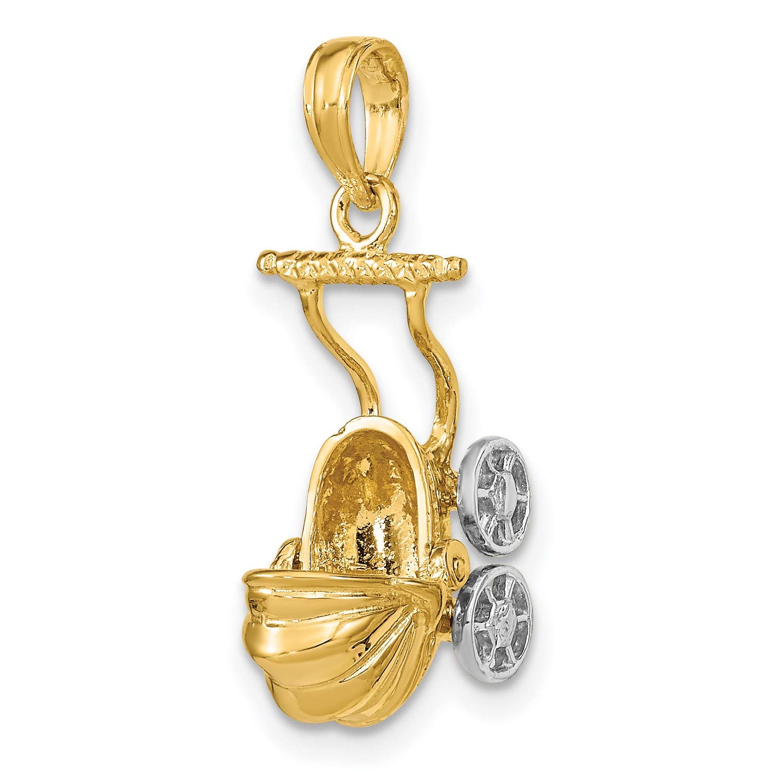 14k Yellow Two-Tone Gold 3D Baby Stroller Charm with Moveable Wheels - 17mm x 9mm - Perfect for Baby Shower Gifts, Jewelry Making & Keepsake Charms