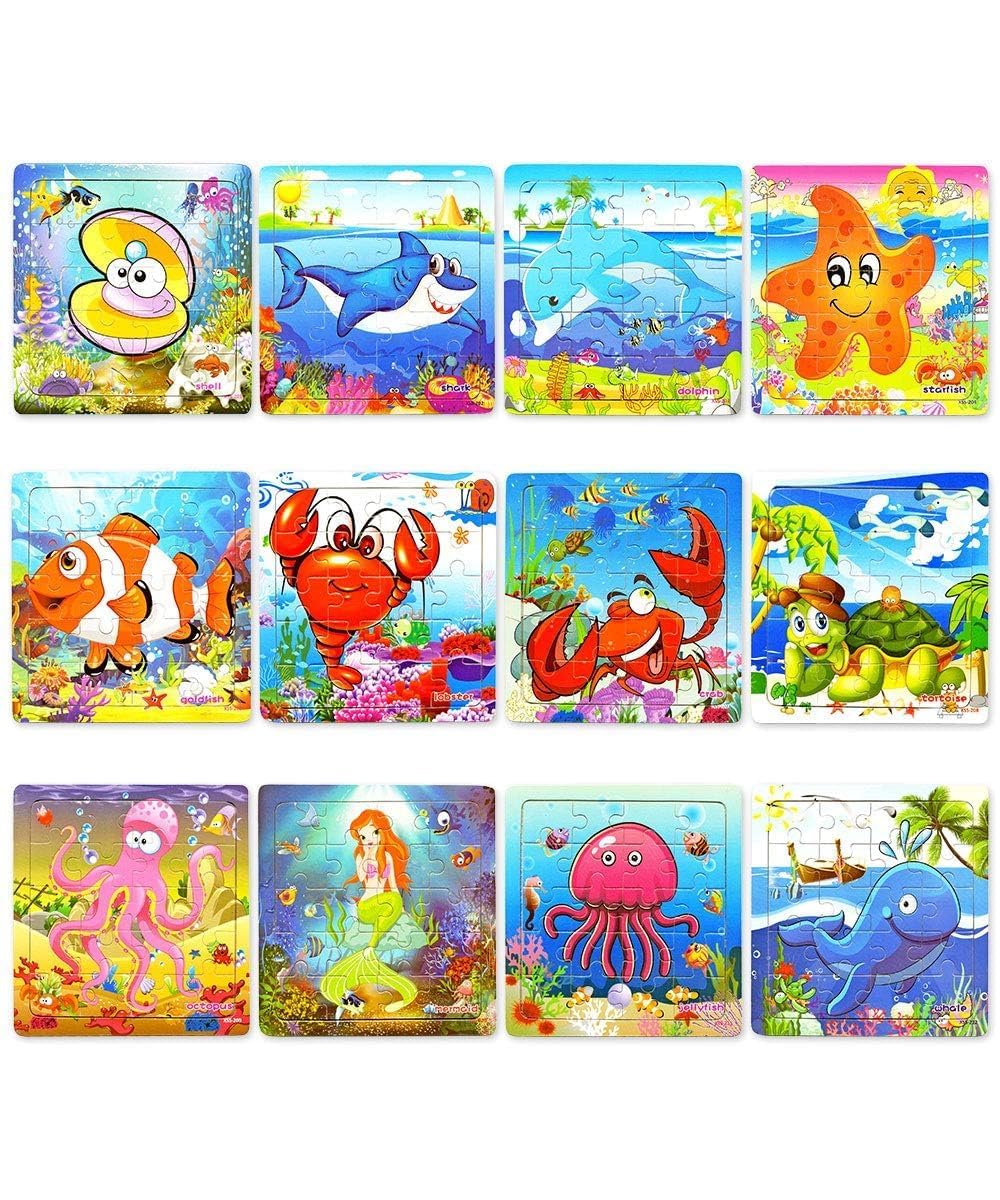 12 Pack Wooden Jigsaw Puzzles for Kids Ages 4-8 - Sea Animals Theme with Organza Bags - 20 Pieces Each - Perfect Birthday Party Favors, Classroom Rewards & Educational Toys for Boys and Girls