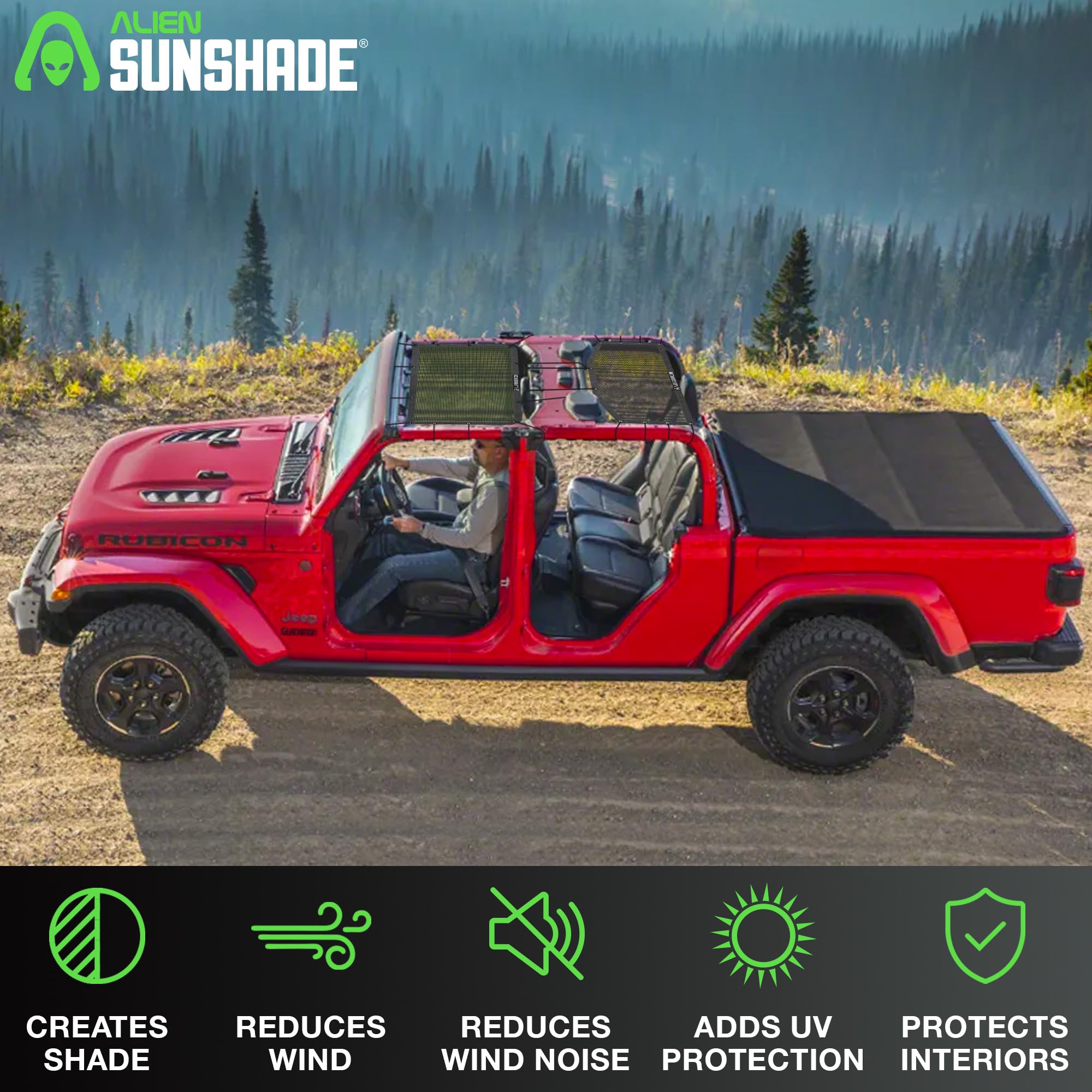**Alien Sunshade Jeep Gladiator Mesh Sun Shade Black (2018-2023) - Front & Rear UV Protection, Wind & Noise Reduction - Universal Fit for 4-Door Jeep Gladiator Accessories - Perfect for Off-Roading & Summer Driving**