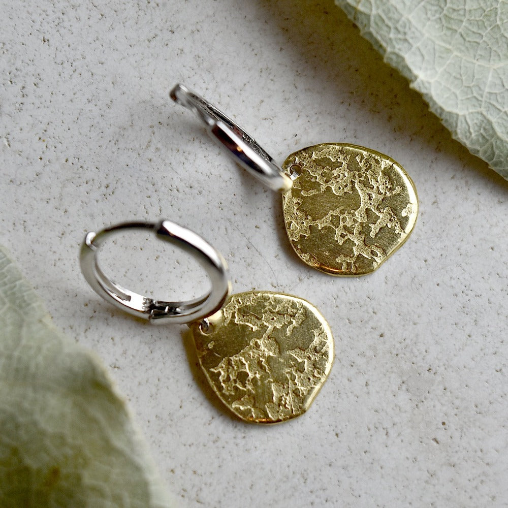 Stylish 'Ashes' Silver Huggie Hoop Earrings with Delicate Brass Drop - Perfect for Everyday Wear & Special Occasions