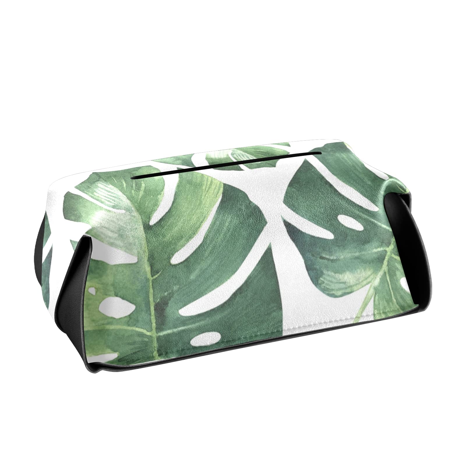 Eco-Friendly Tropical Palm Leaves Leather Tissue Box Cover - Seamless Jungle Design with Handle for Bathroom, Nightstand, Vanity & Office (9.4x5.1x3.6 inches) | Perfect for Home Decor, Car Interior & Gift Giving
