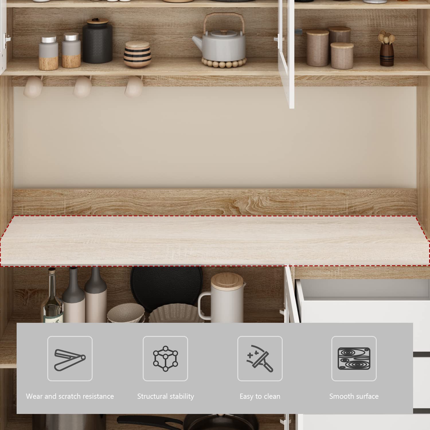 Large Kitchen Hutch Cabinet with 4 Glass Doors & 4 Drawers - White Oak Pantry Storage Cupboard with Microwave Shelf - 63