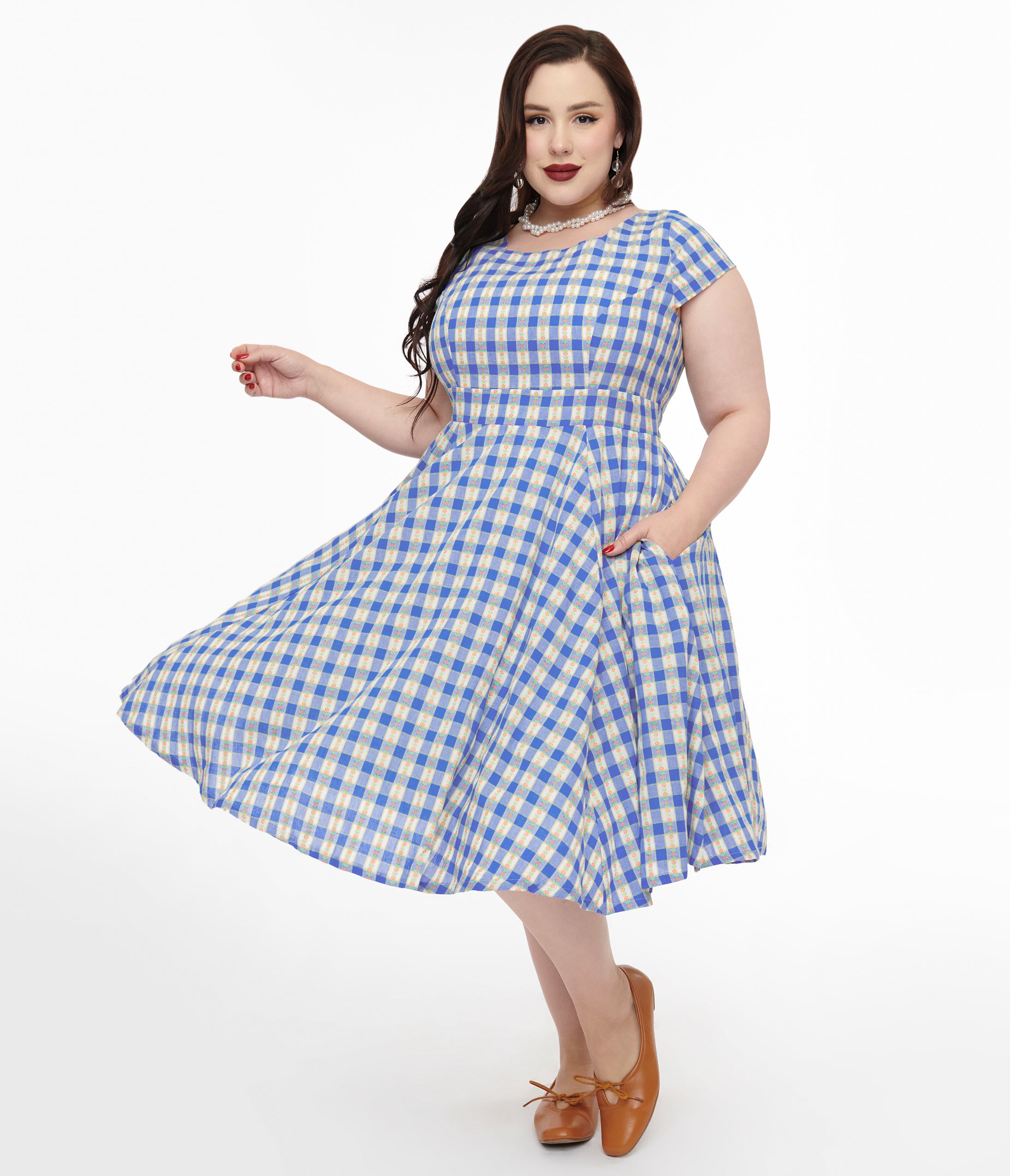 Magnolia Place Plus Size 1950s Blue Floral Gingham Anna Swing Dress - Vintage Retro Style for Women, Casual Summer Dresses with Pockets - Perfect for Parties, Date Nights & Special Occasions