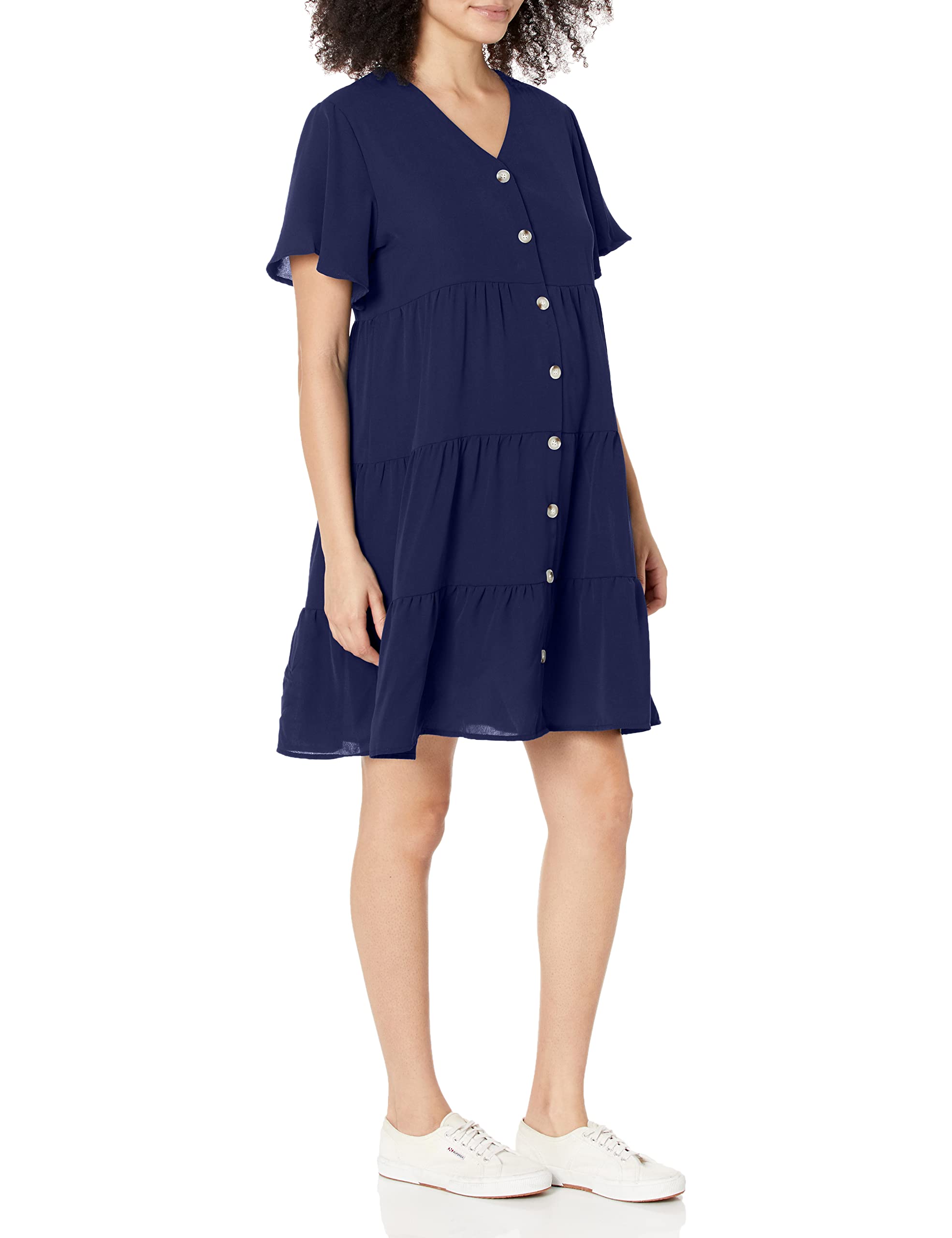 FOWSMON Women's Ruffle Short Sleeve V-Neck Swing Dress - Flowy Loose Printed Summer Dress for Beach, Vacation & Casual Outings