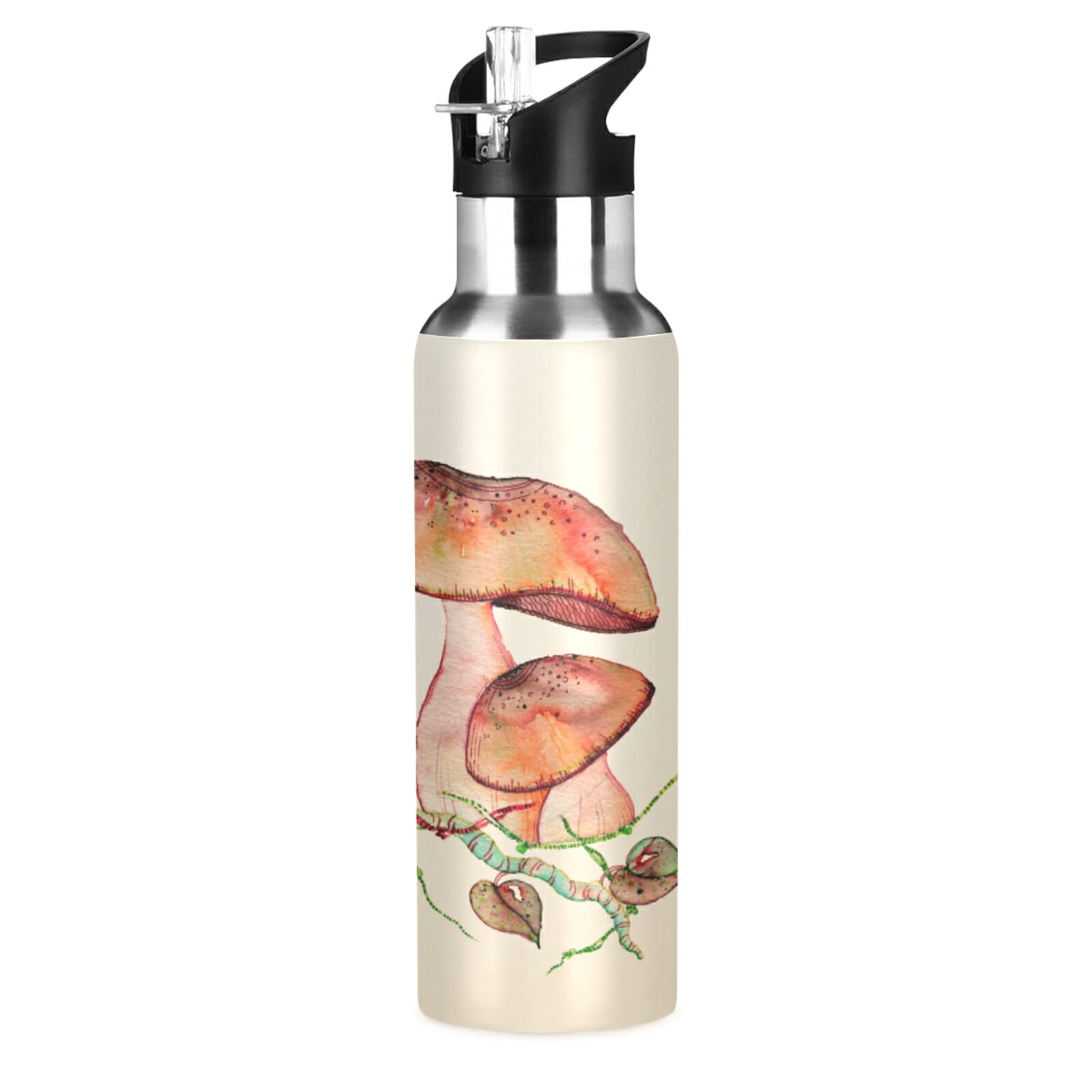 Insulated Stainless Steel Water Bottle with Straw - 18oz Vacuum Flask Keeps Drinks Hot & Cold for 24 Hours - BPA Free Sports Bottle for Kids & Adults - Perfect for Gym, Hiking, Travel & School (Mushroom Plant Grass Yellow)